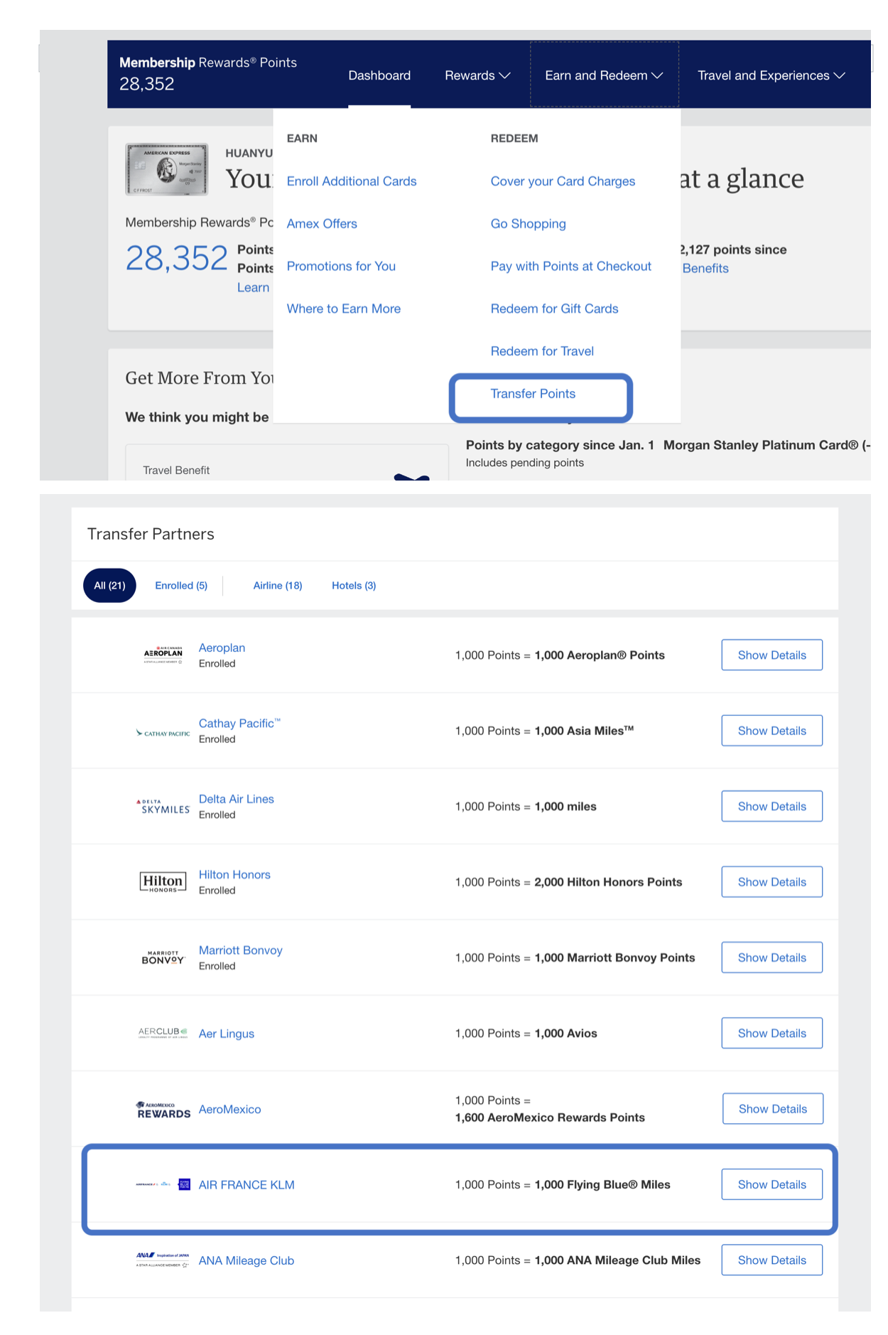 Choosing an airline partner from the Transfer Points tab in the Amex Membership Rewards portal