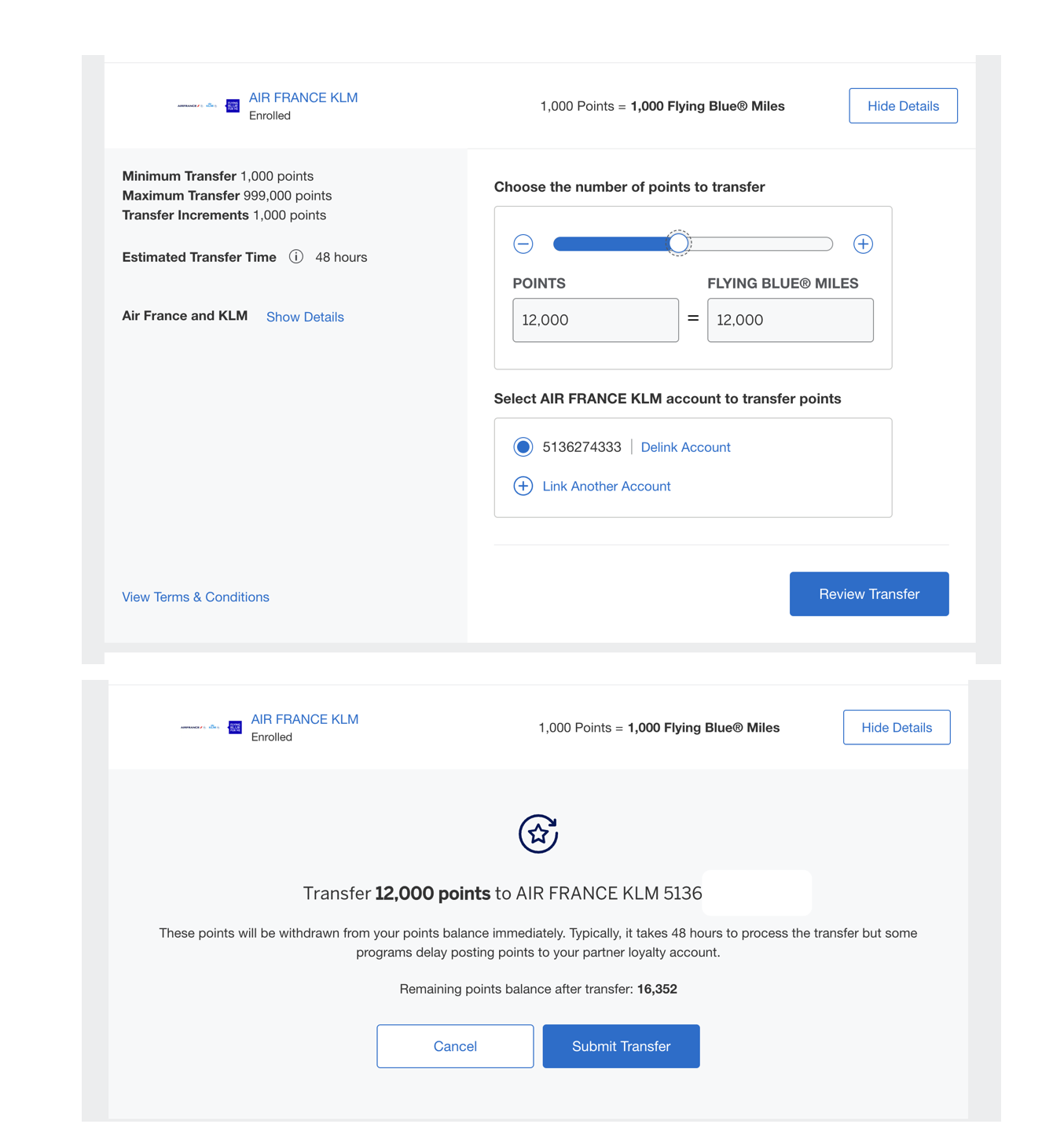 Entering the number of Amex Membership Rewards points to transfer before reviewing the transfer