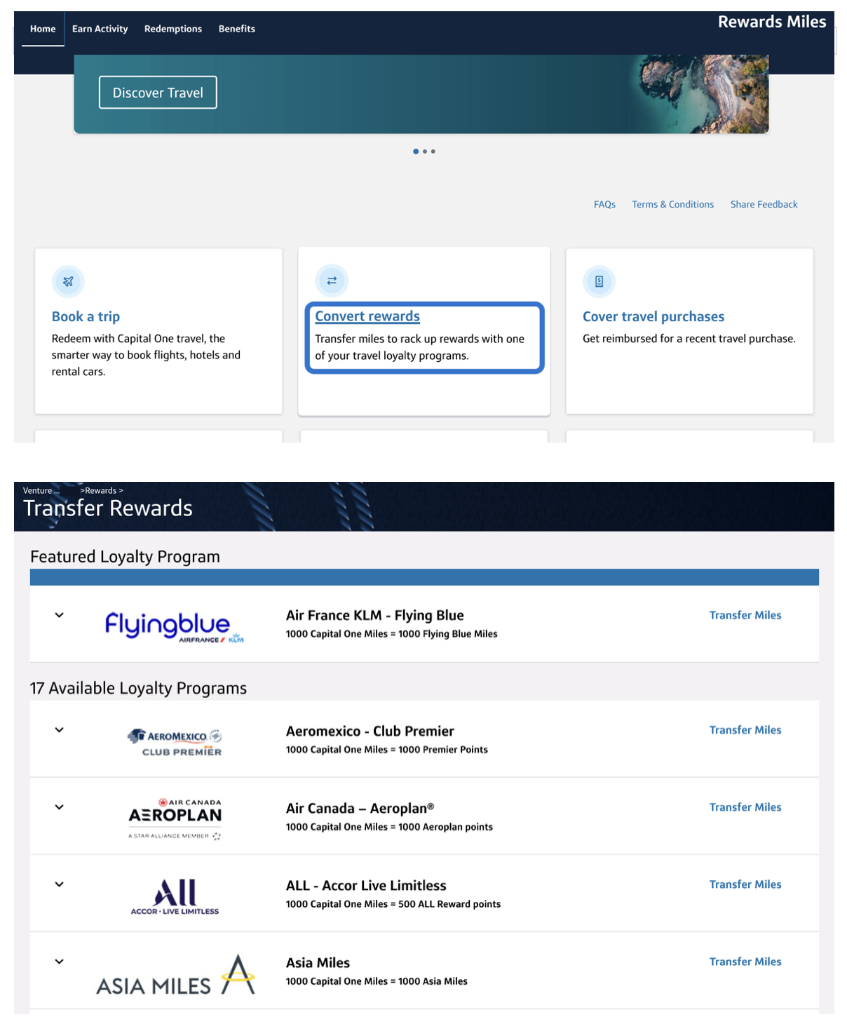 Selecting Convert rewards in the Capital One rewards portal to see transfer partners