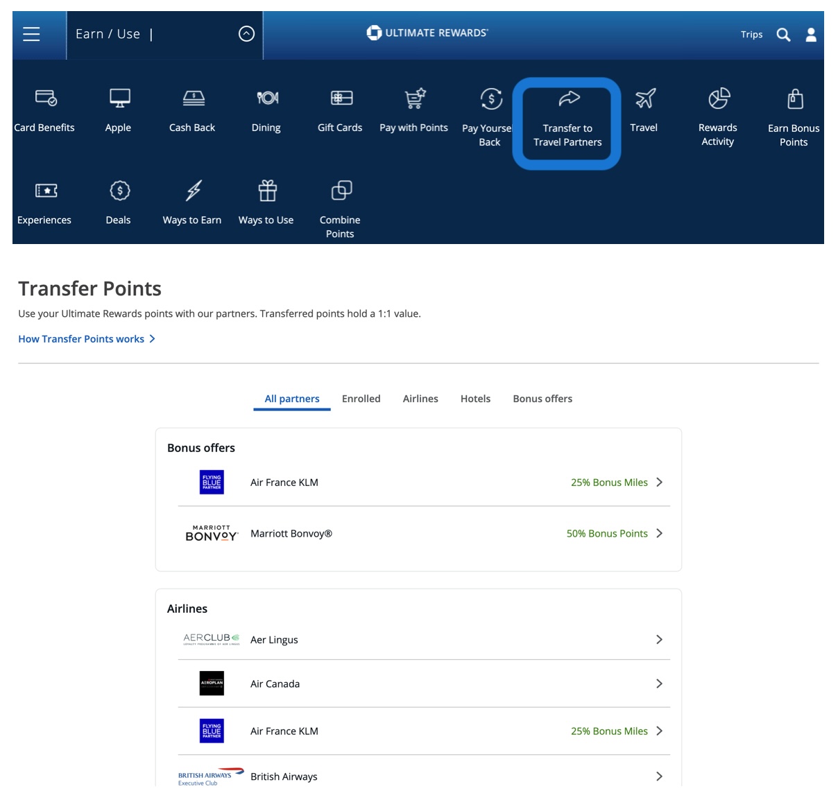 Transfer to Travel Partners tab in the Chase Ultimate Rewards portal
