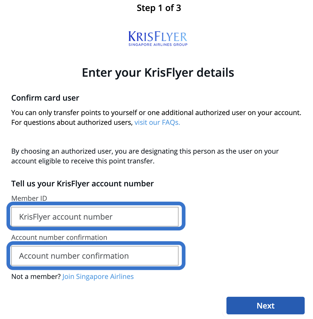 Entering a frequent flyer number for the selected airline partner