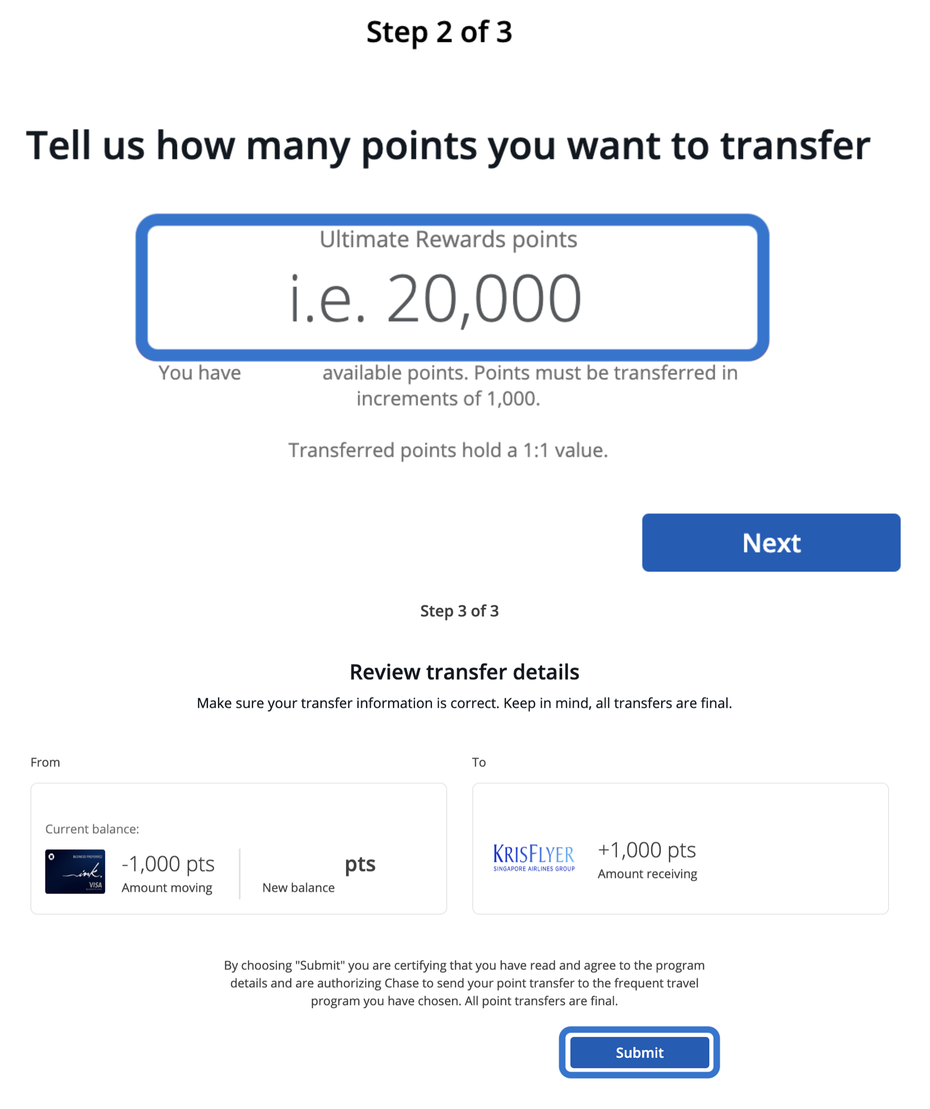 Reviewing Chase Ultimate Rewards points transfer details, including starting and ending balances