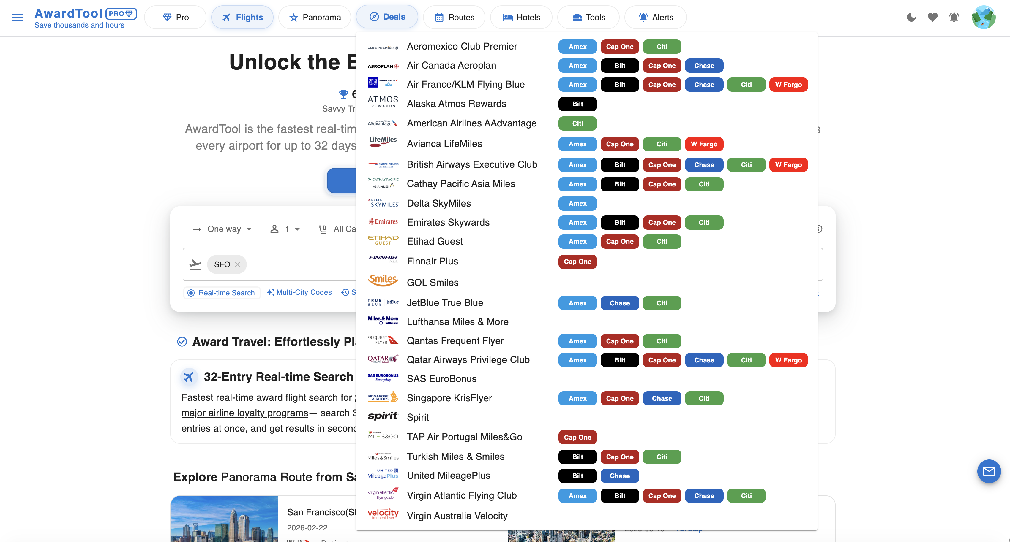 Deals tab dropdown menu listing airline loyalty programs and their credit card transfer partners