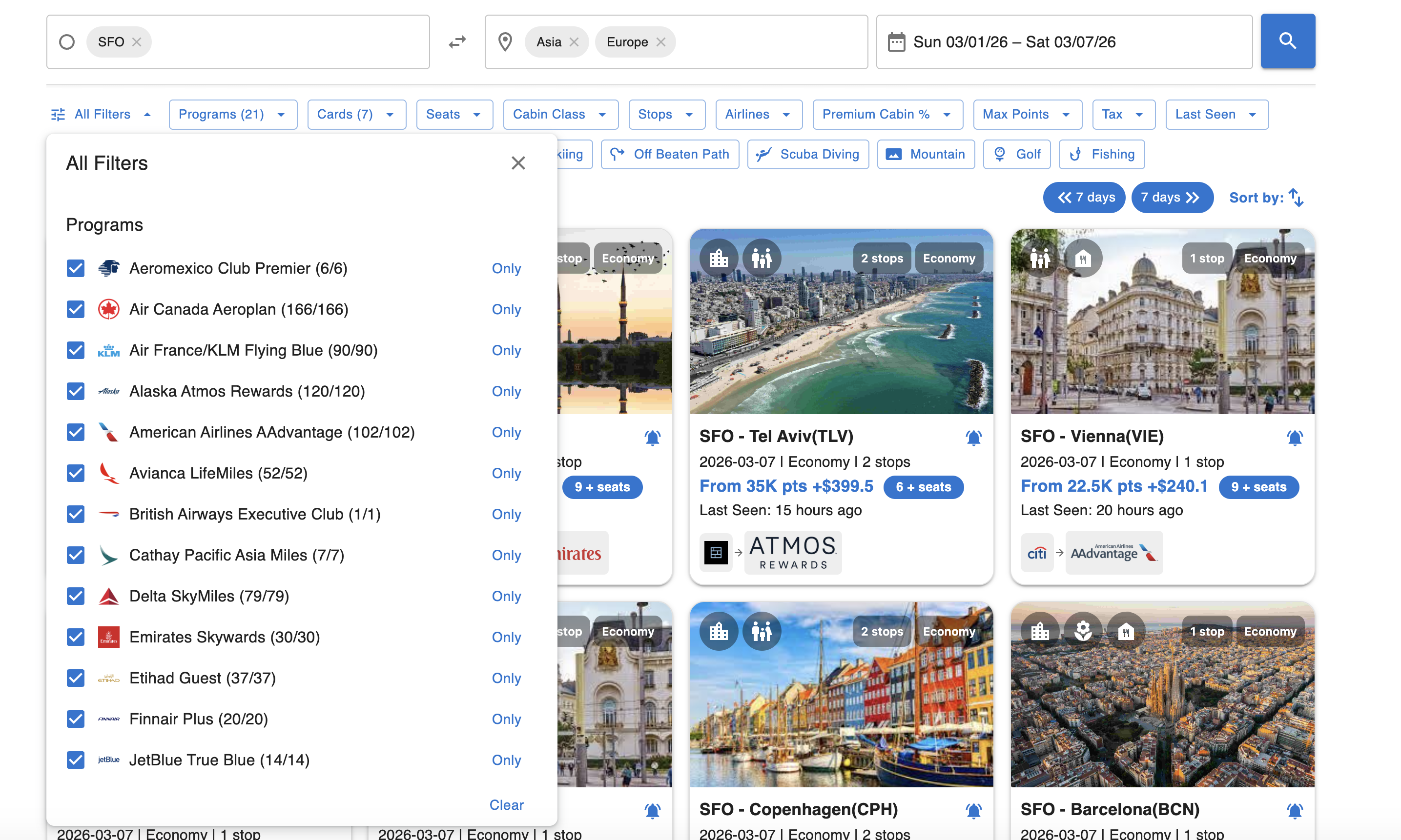 Deals filters for loyalty programs, cabin class, stops, maximum points, taxes, and vacation type