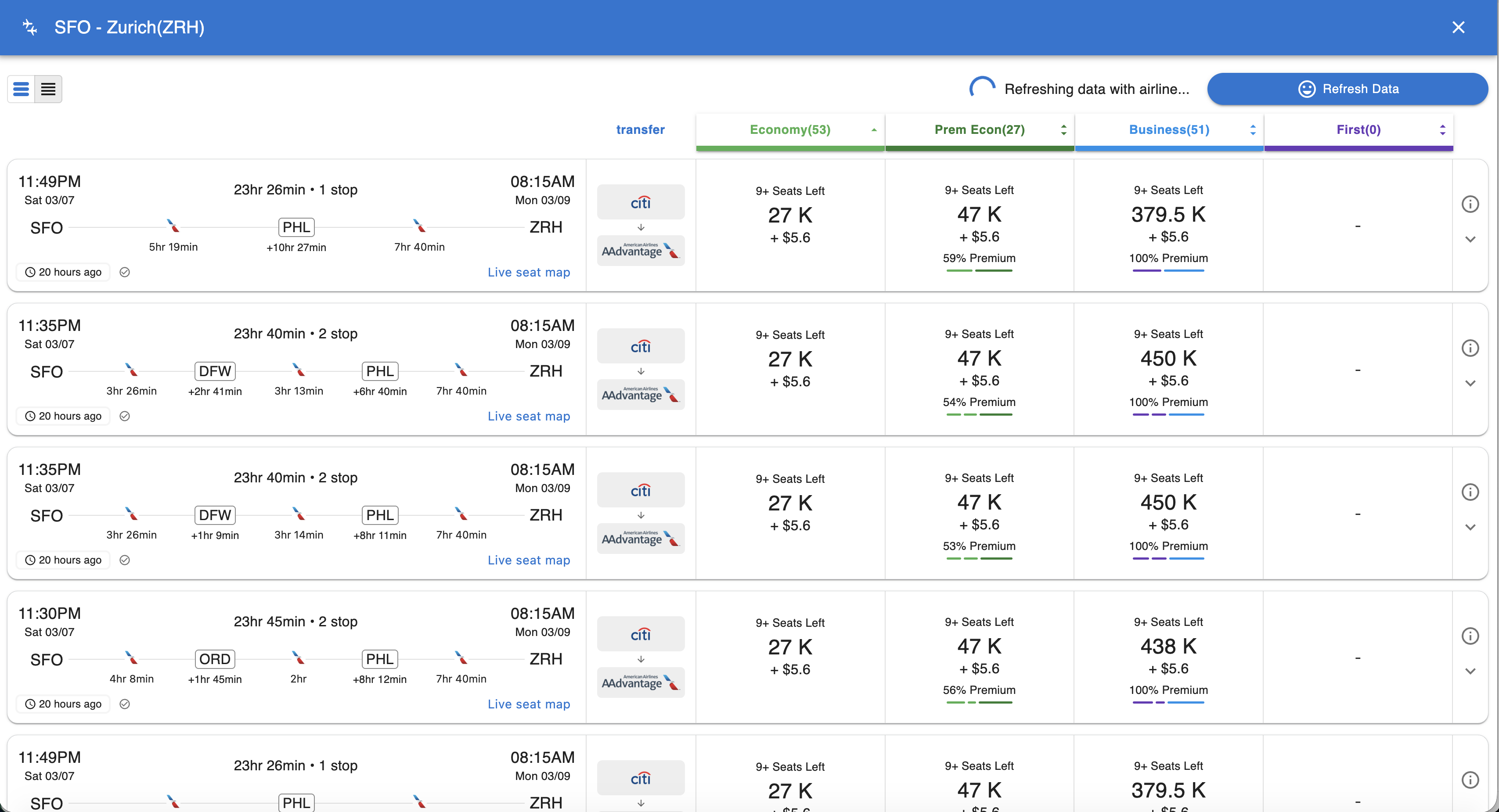 Deal flight details with departure and arrival times, layovers, airlines, and points and taxes by cabin