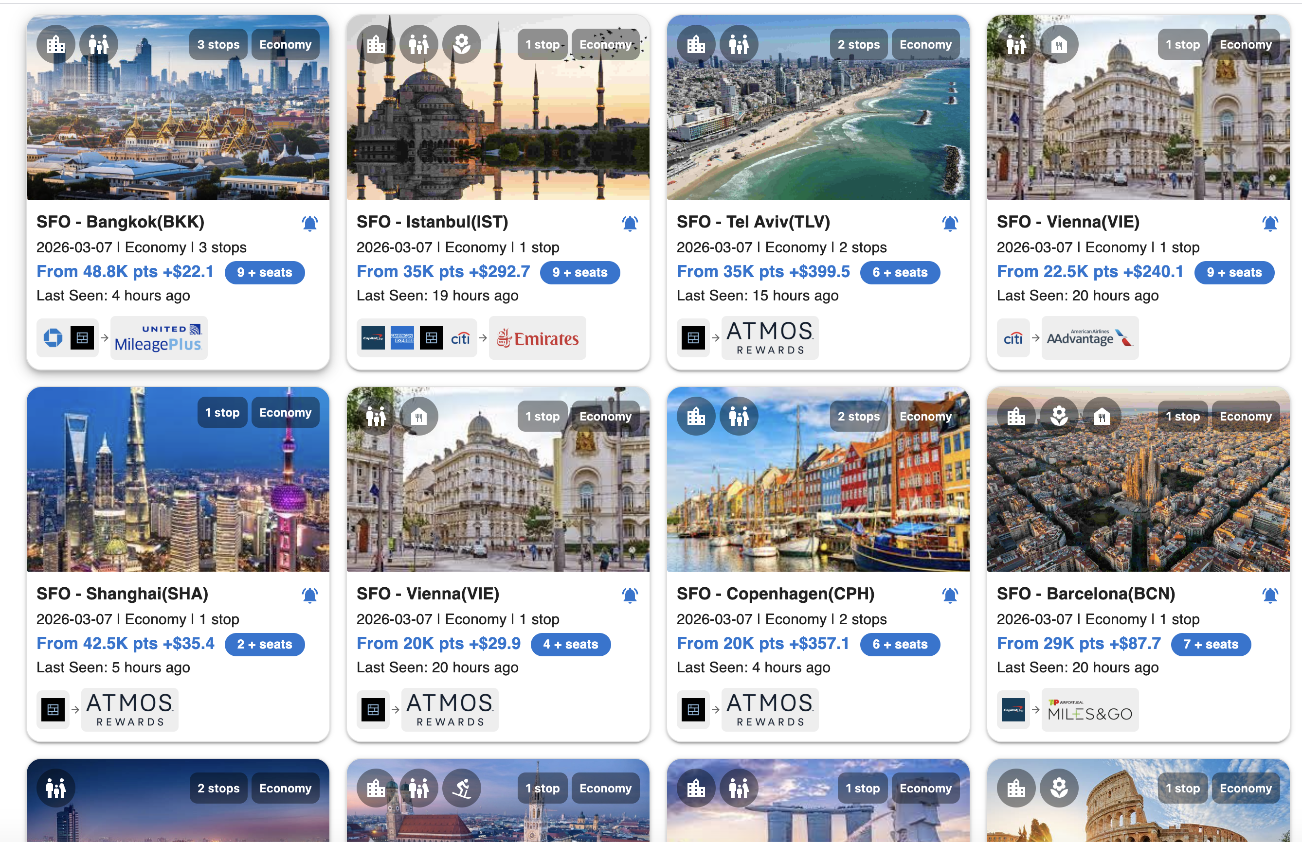 Award flight deal cards in AwardTool Deals