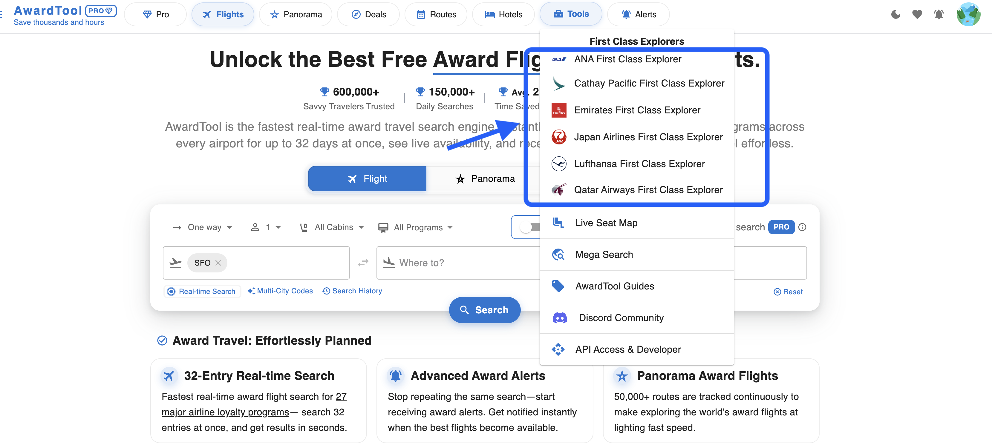 Tools dropdown menu with the First Class Explorers section listing airline-specific explorers