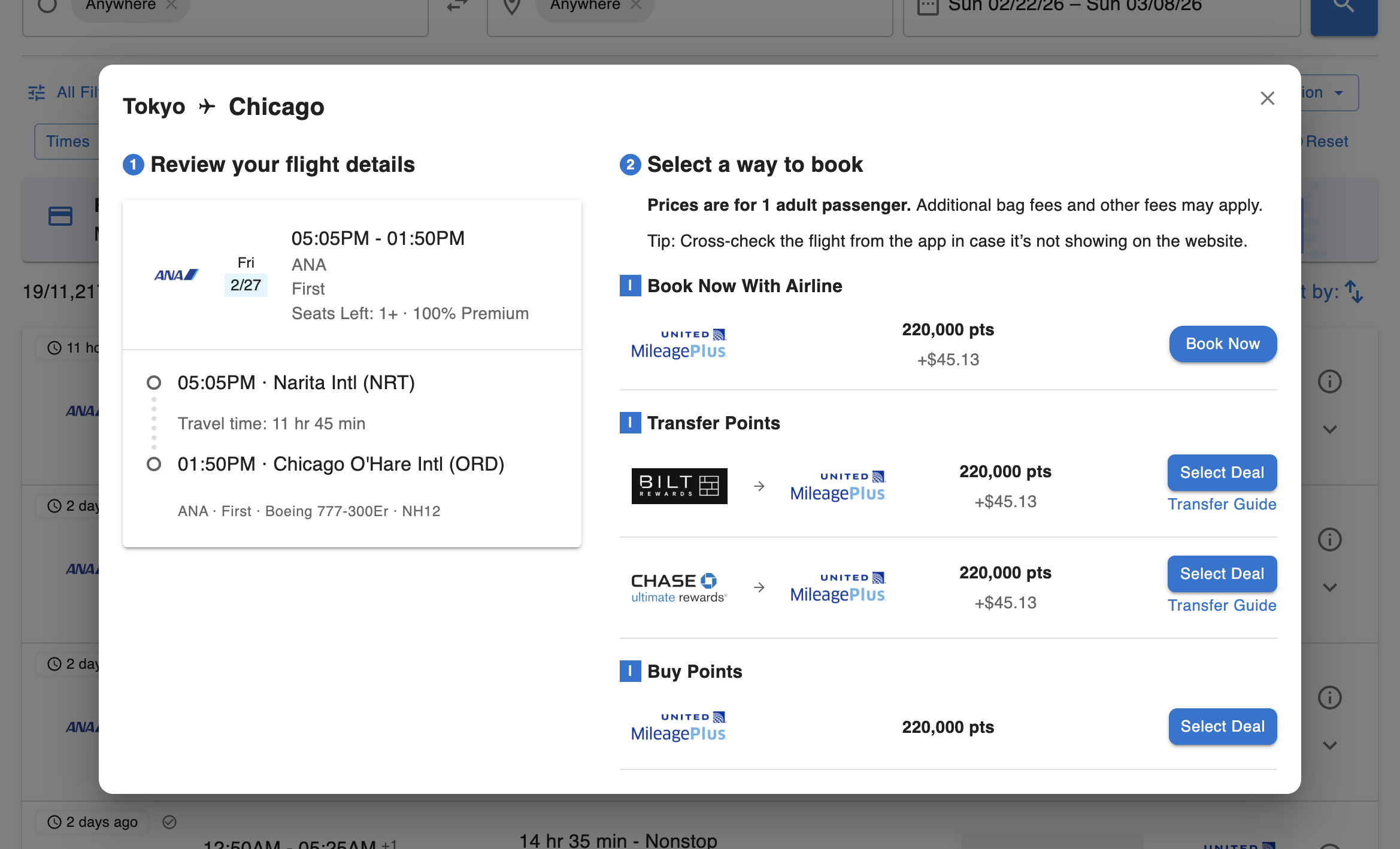 Flight information pop-up with options to book with the airline, transfer points, or buy points