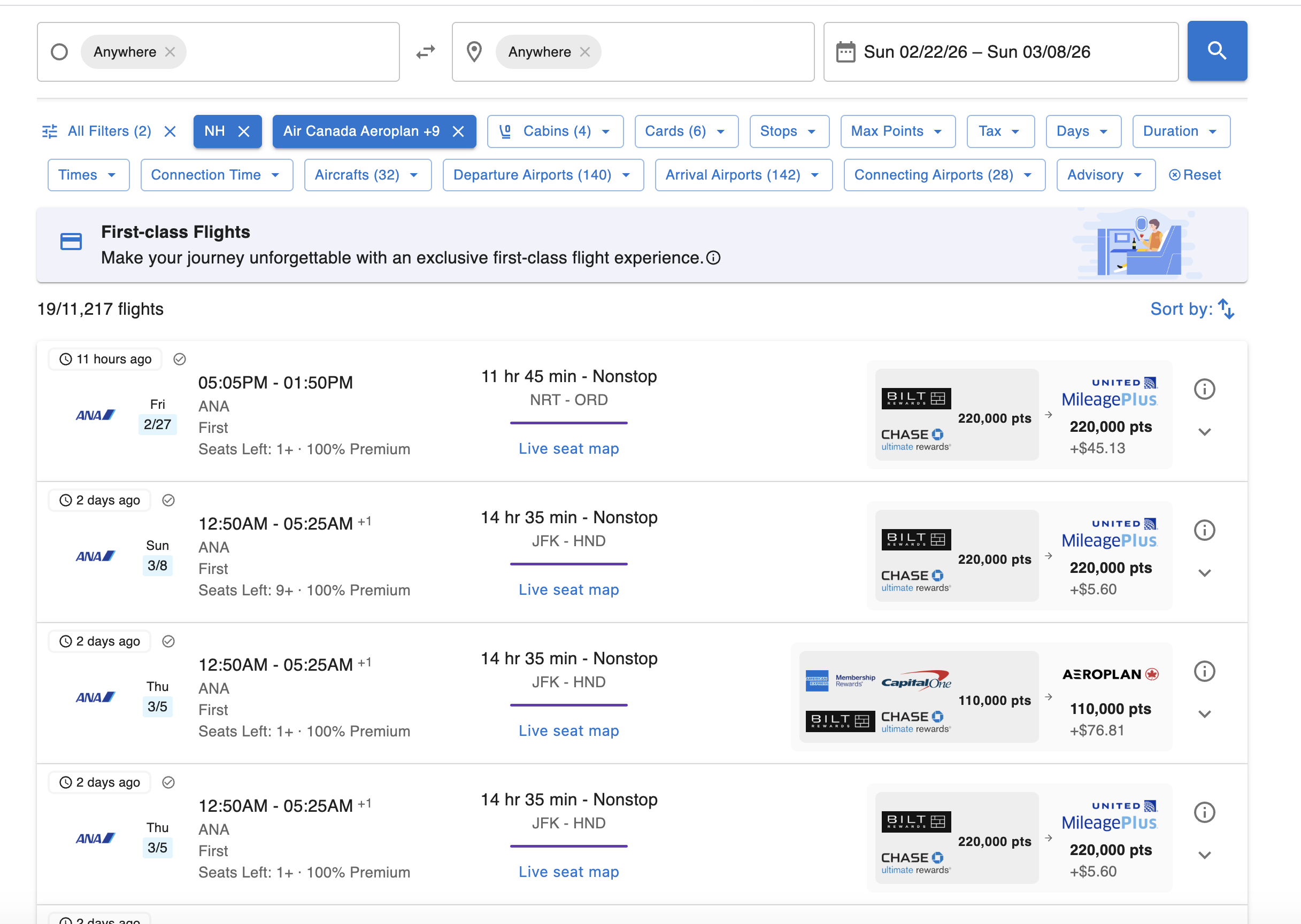 First Class Explorer award flight result details