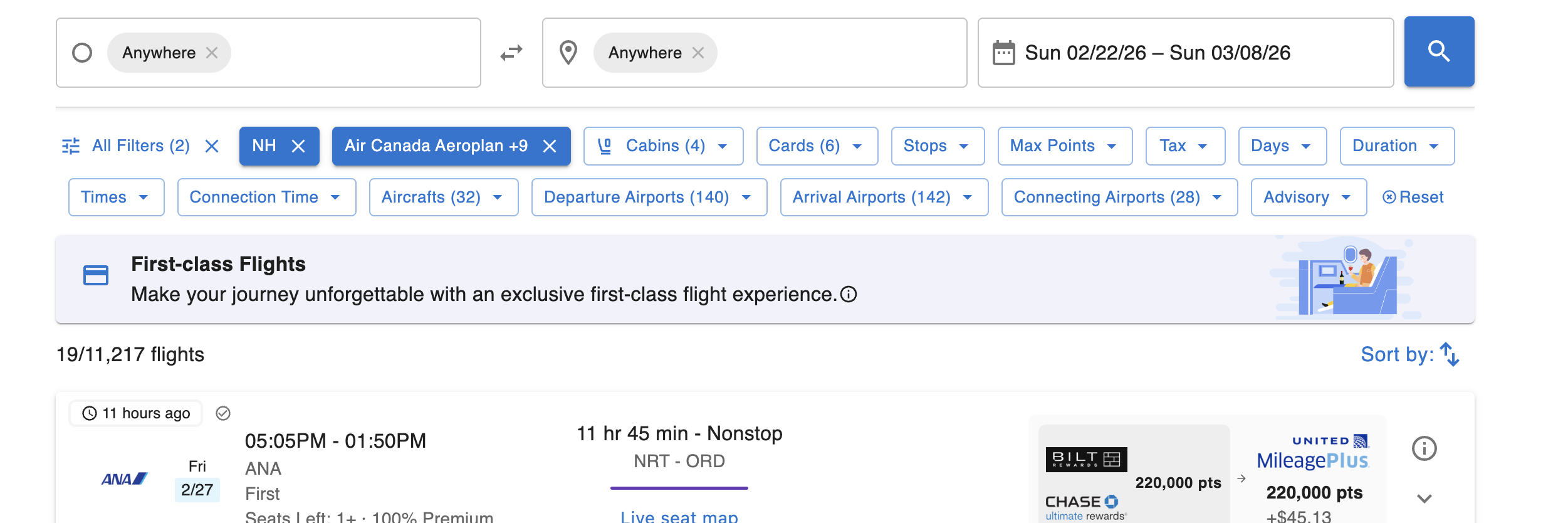 First Class Explorer filter bar for airlines, cabins, cards, stops, points, taxes, and timing