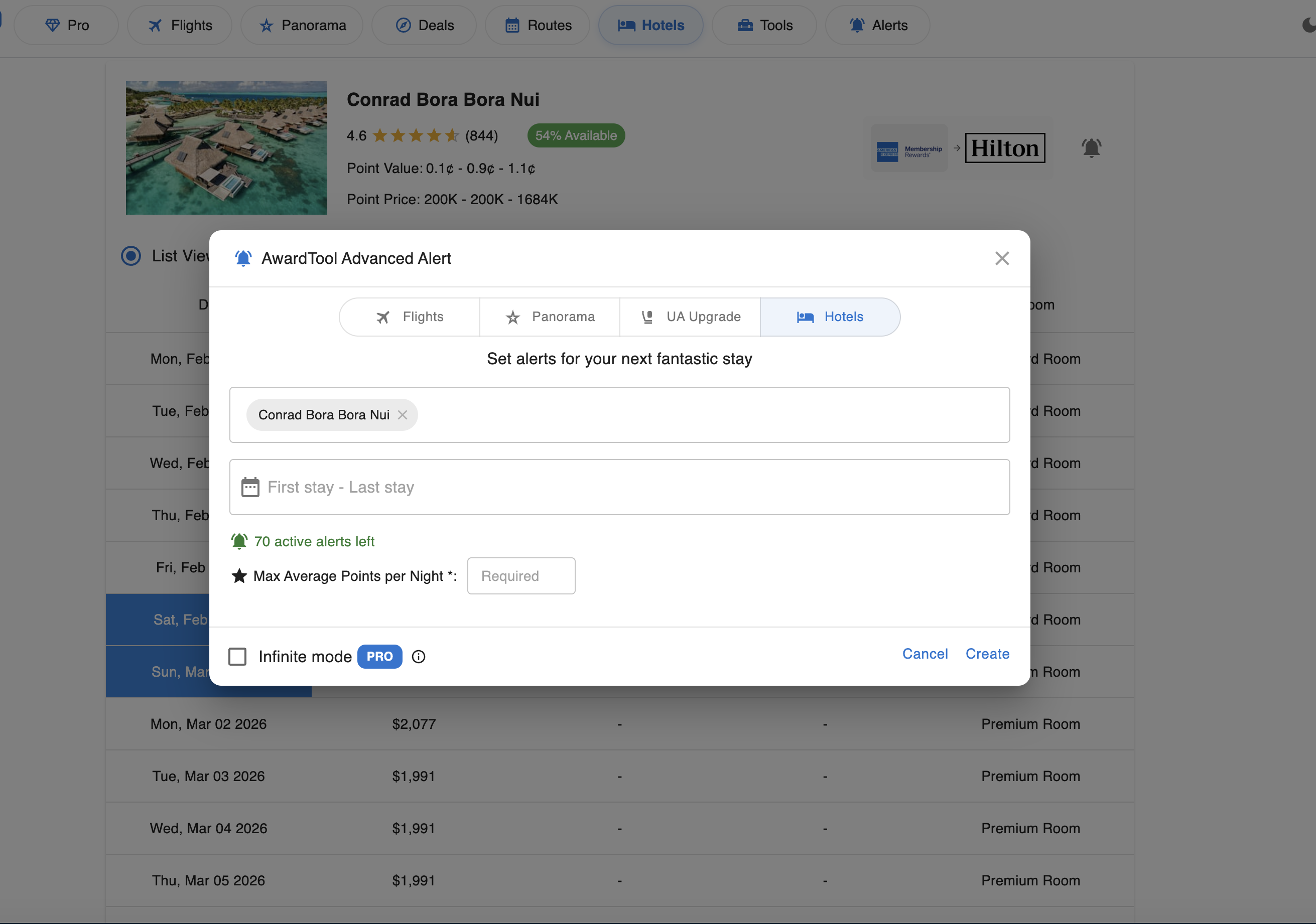 Hotel alert settings for the hotel, date window, and maximum average points per night