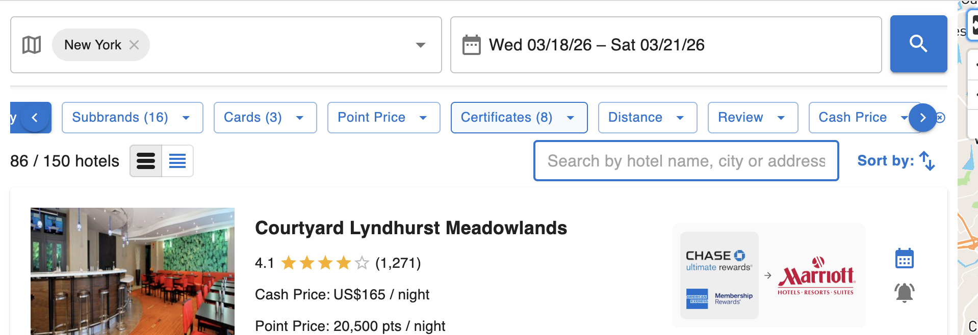 Hotel search filters for brands, sub-brands, transfer paths, prices, distance, and review quality