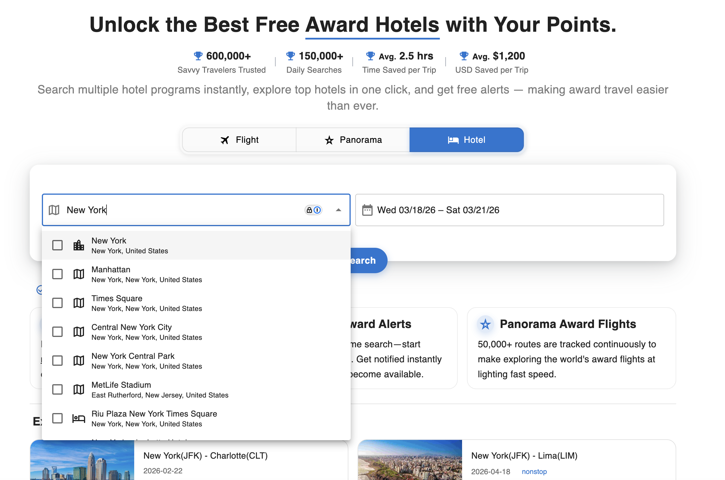 Hotel tab search form for entering a location and travel dates