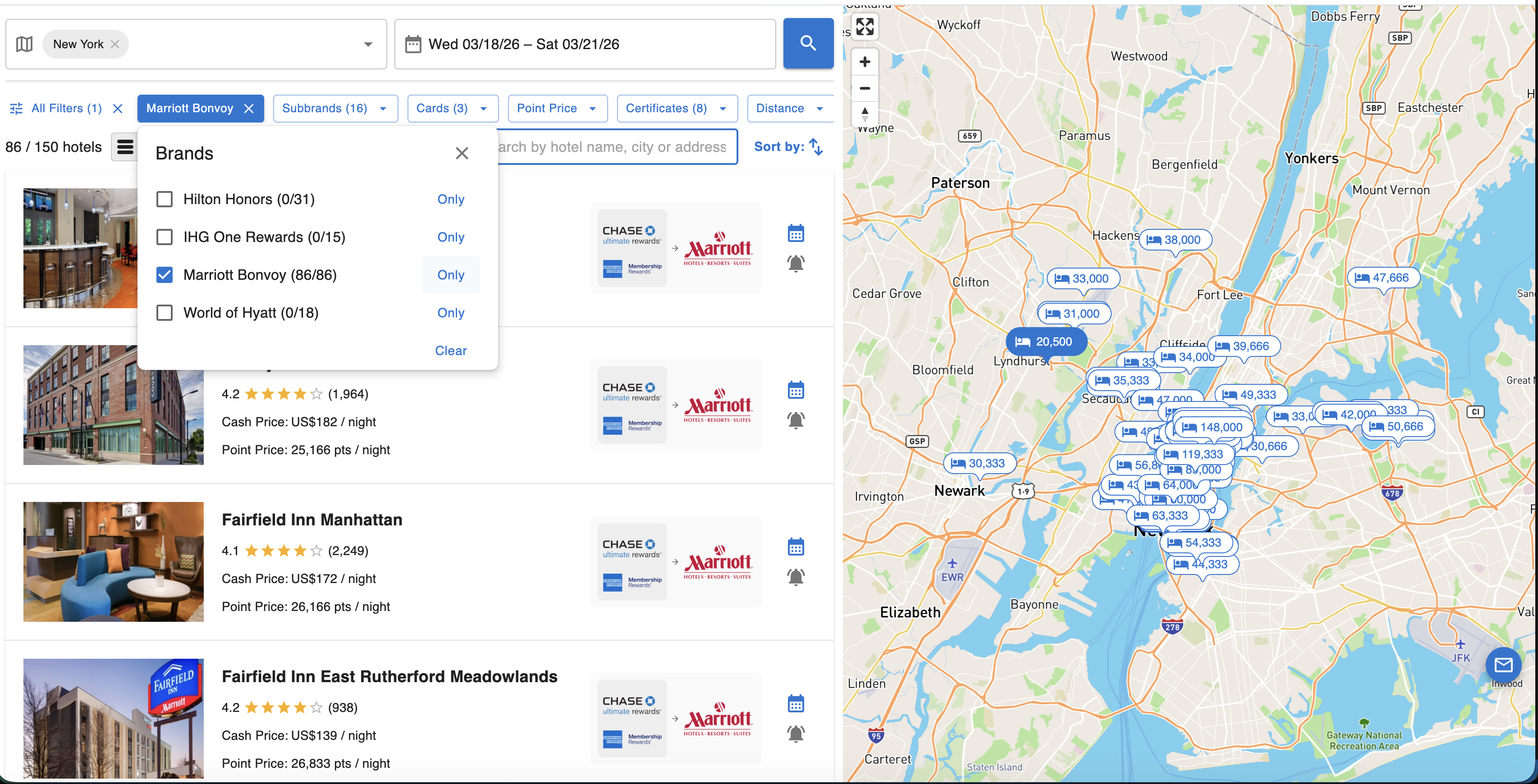 Hotel search results in a scrollable list beside an interactive map with point-price pins