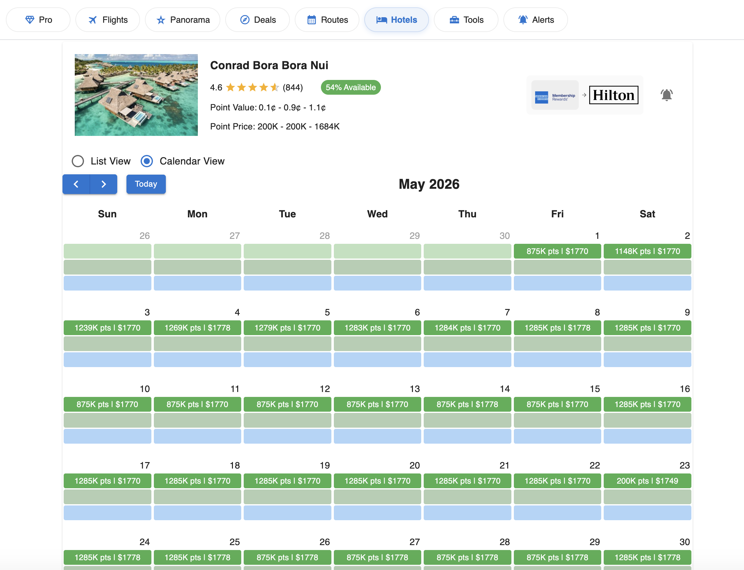 Yearly hotel calendar view showing award night point costs and cash equivalents by date