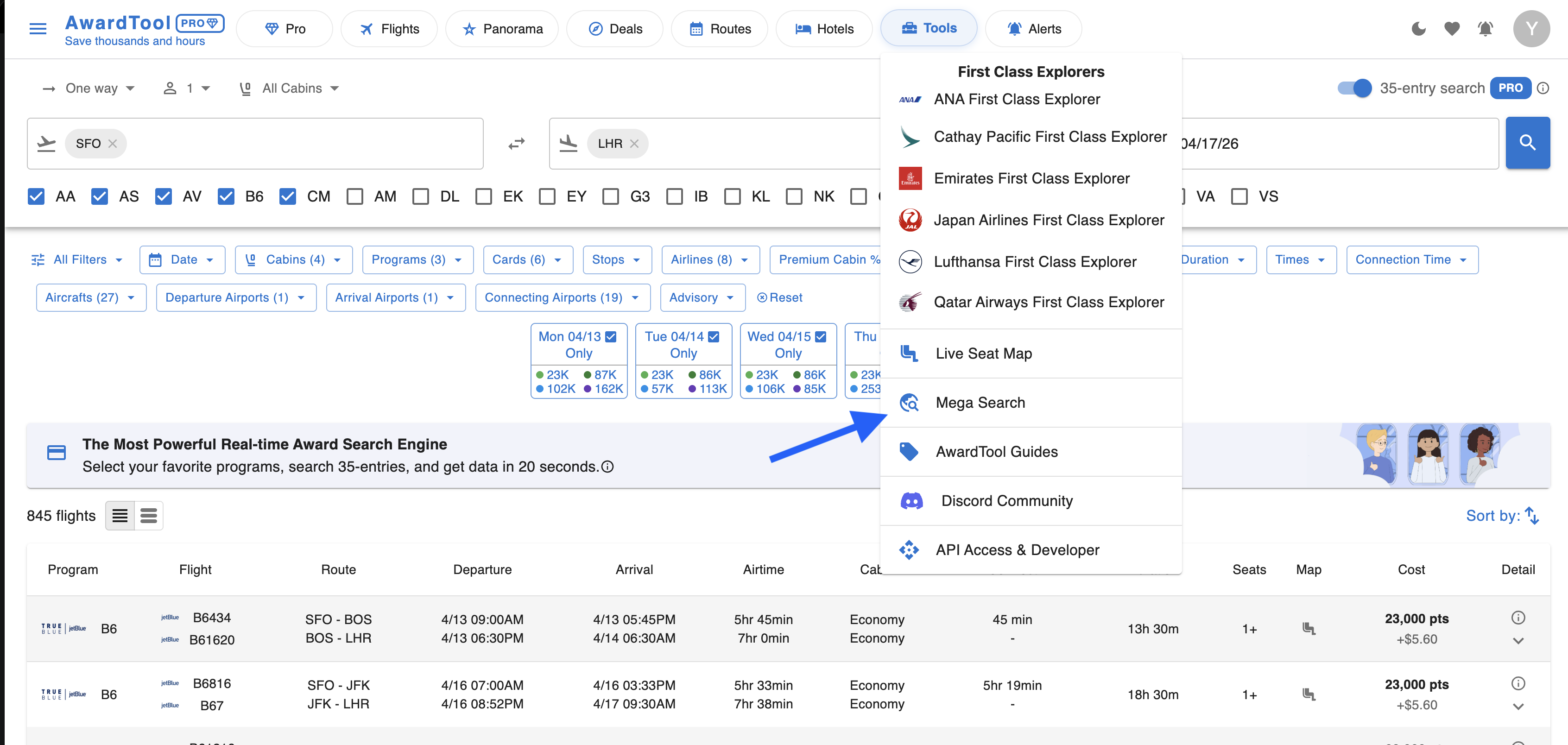 Opening Mega Search from the Tools menu in the top navigation