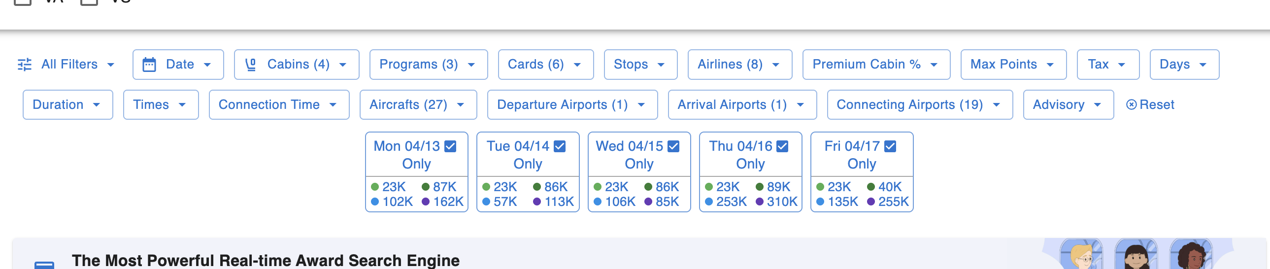 Mega Search filter drop-down menus for dates, routing, cabins, airlines, cost and programs