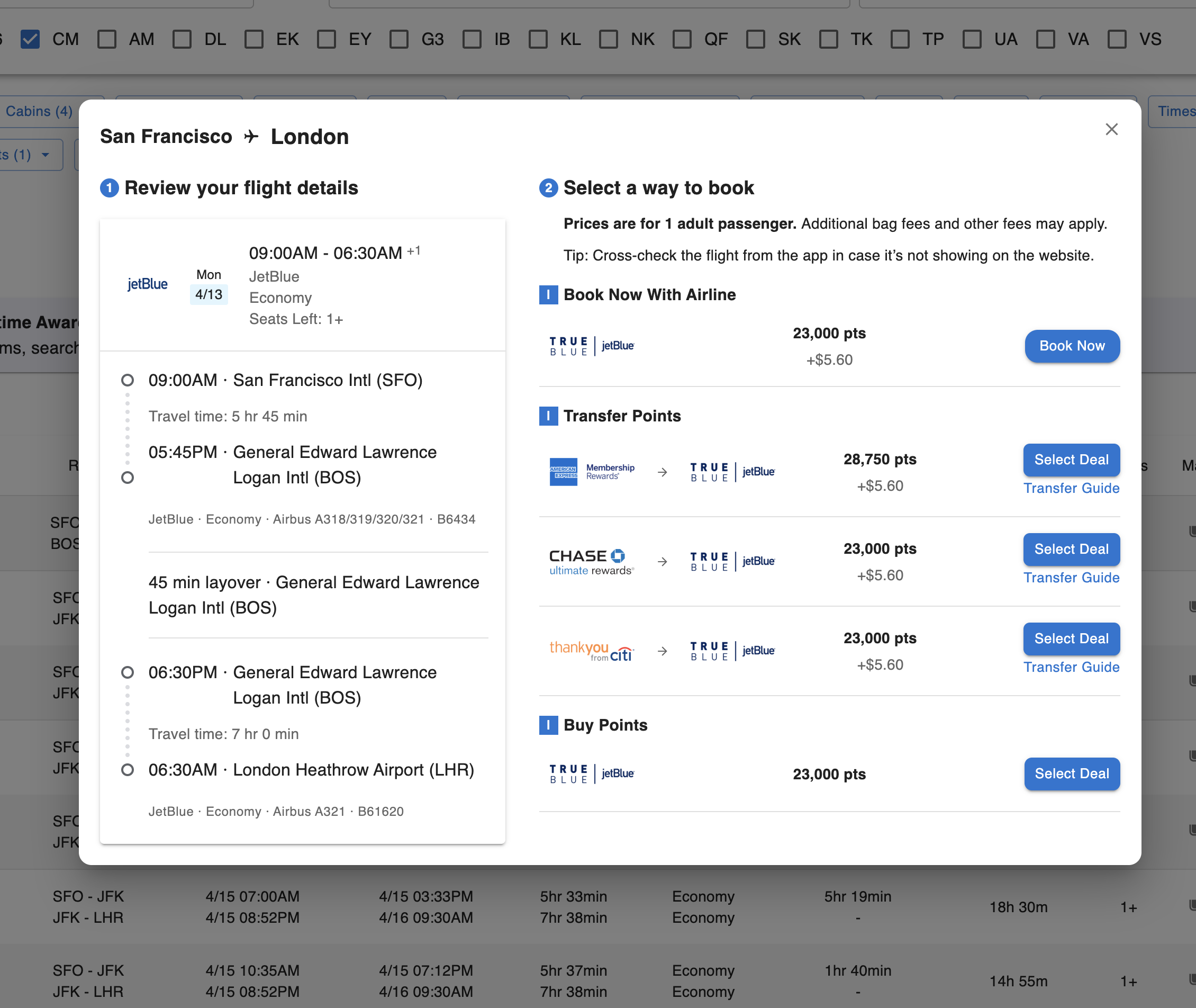 Mega Search flight details with the itinerary on the left and booking options on the right