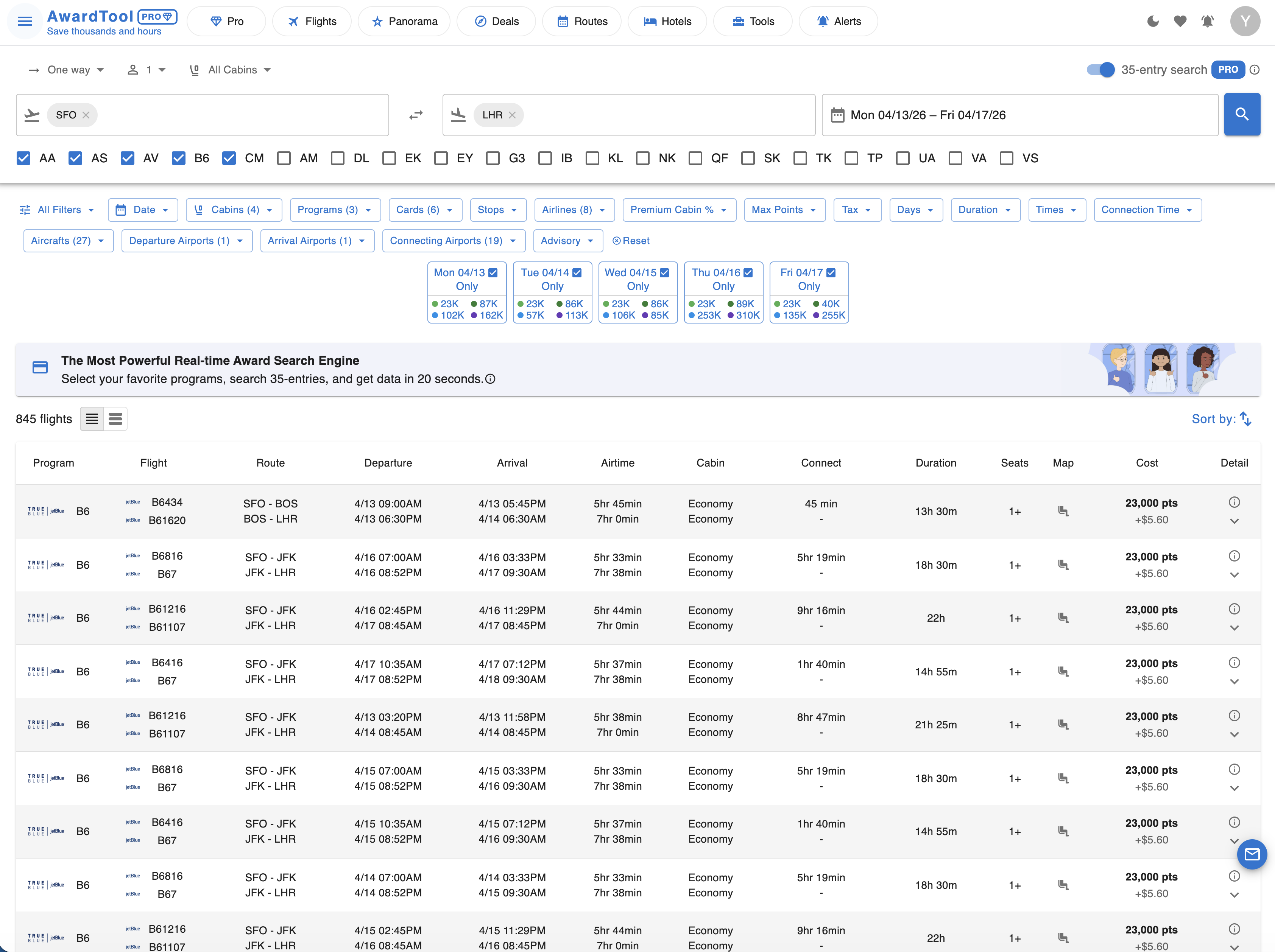 Mega Search award flight results