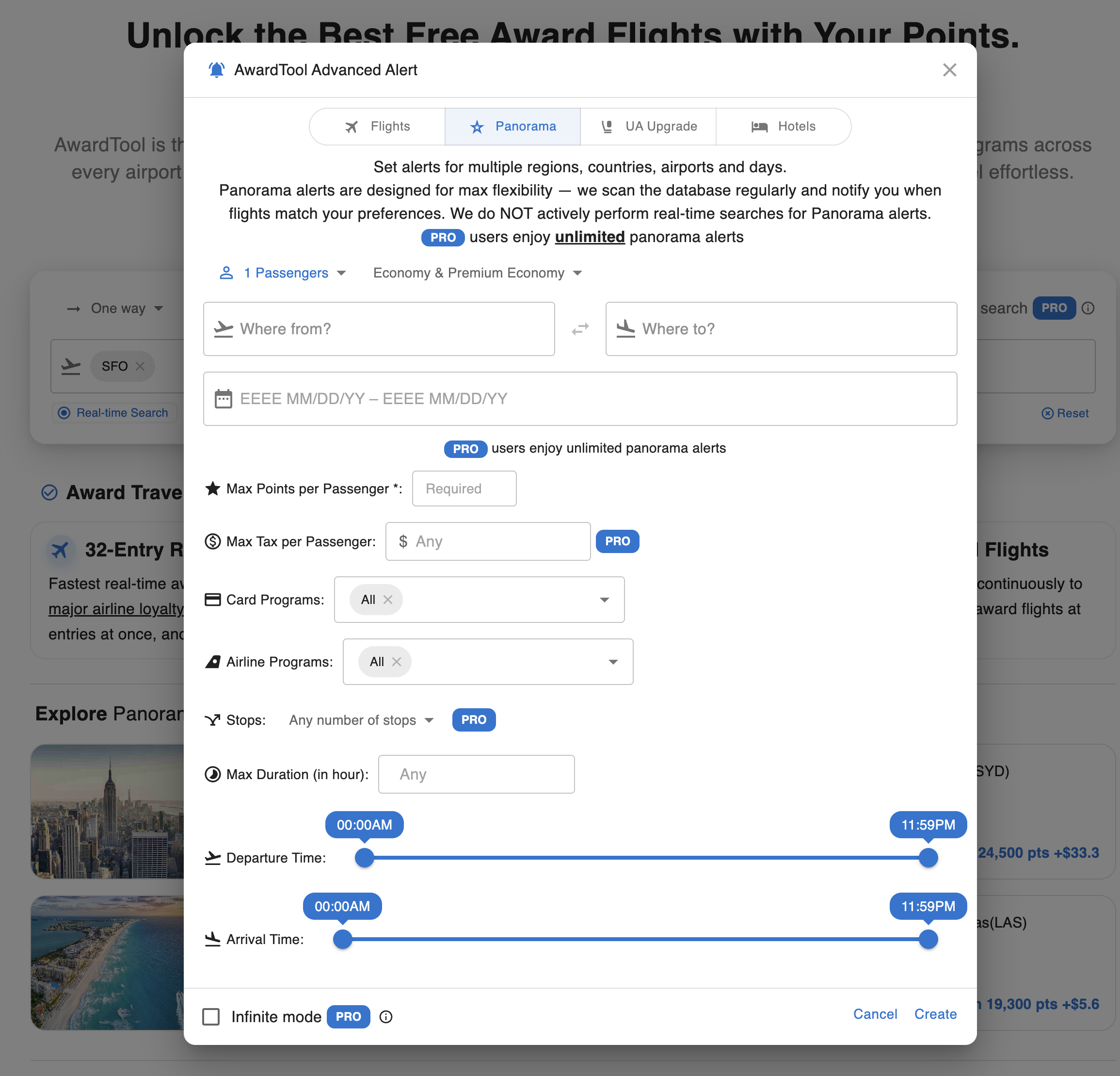 Panorama Alert criteria such as origin, destination, date range, cabin, points and stops