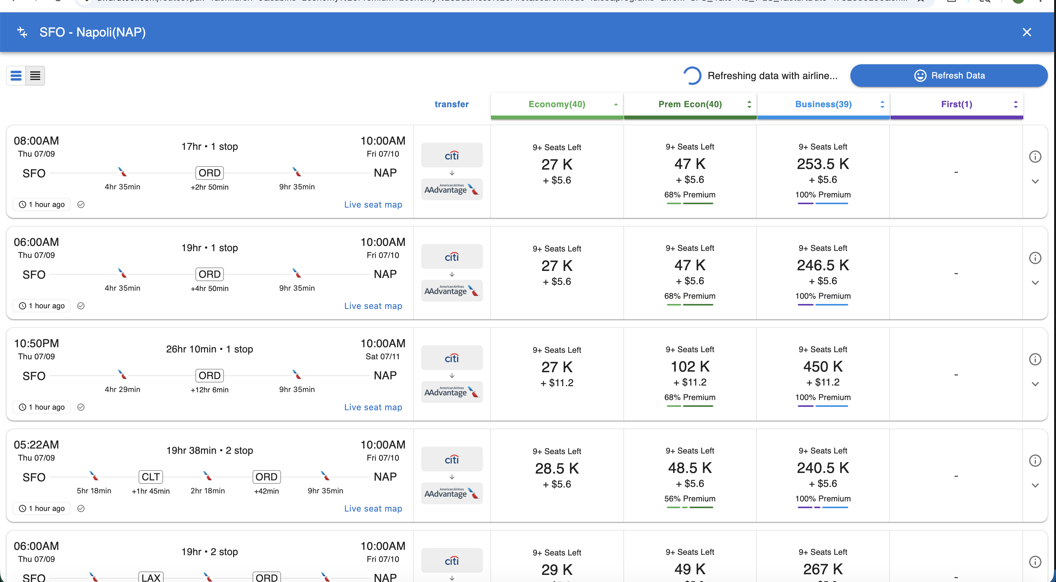 Panorama detailed flight view with itinerary times, layovers and transfer paths