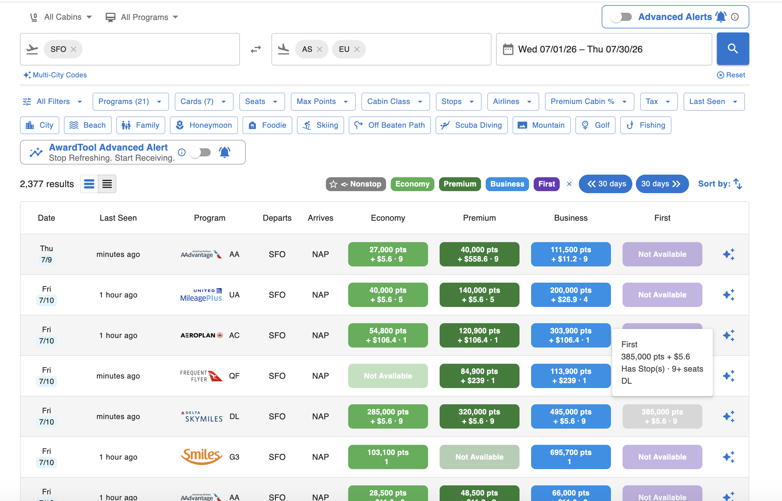 Panorama award flight search results