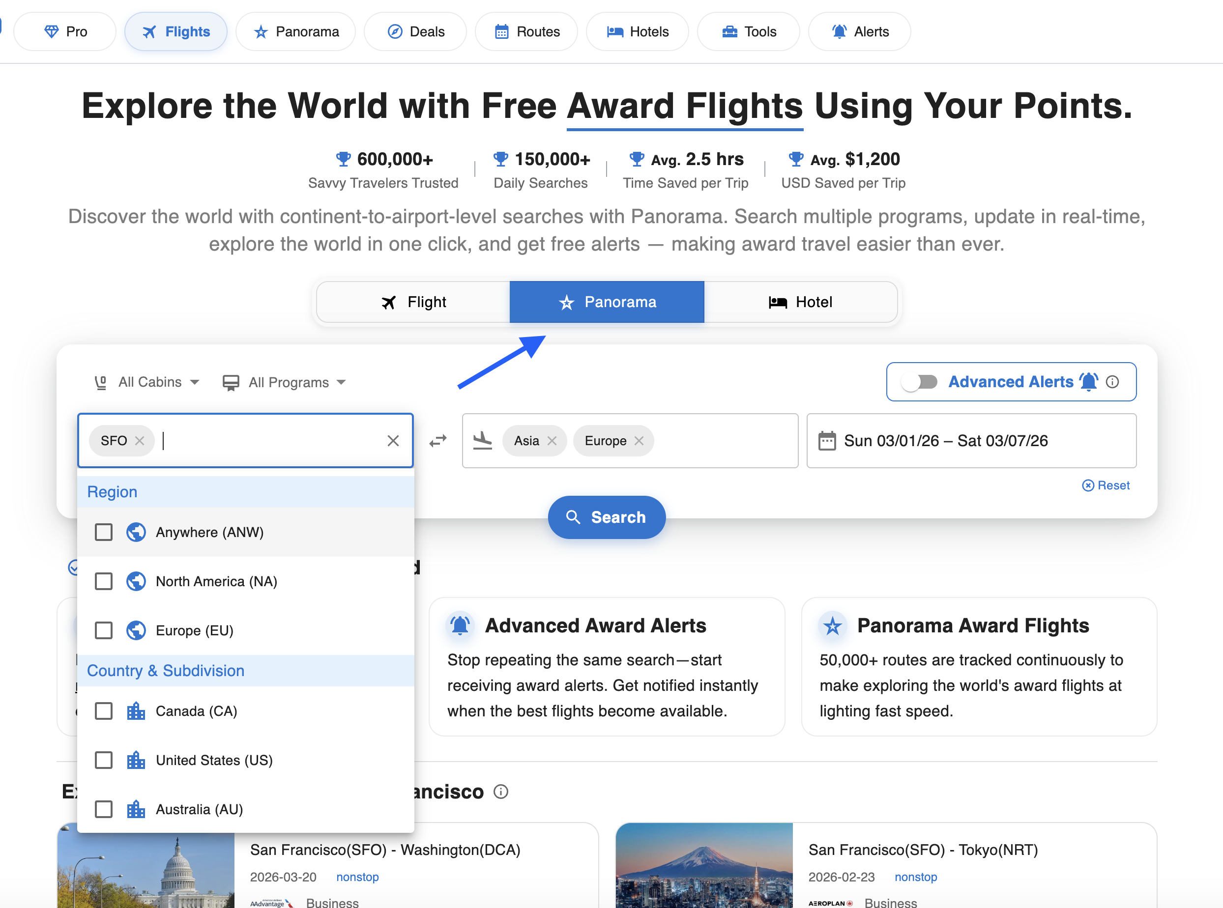 Panorama search with an origin, a broad destination and a travel date range