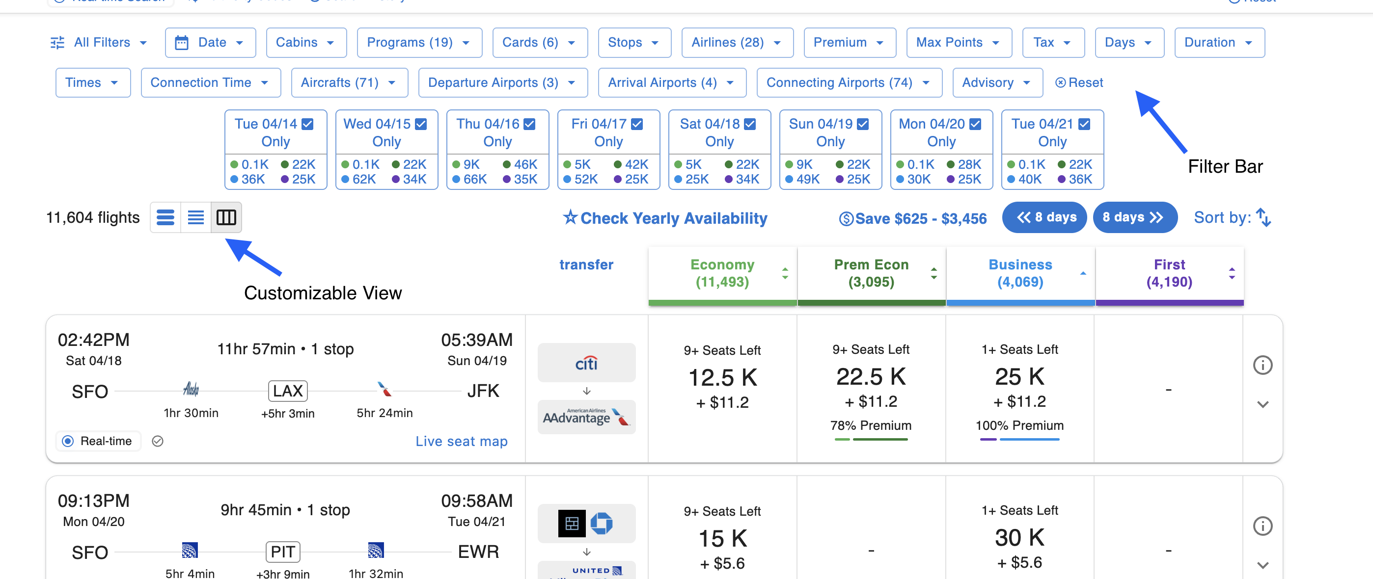 Real-time search results with view type options for changing the results layout