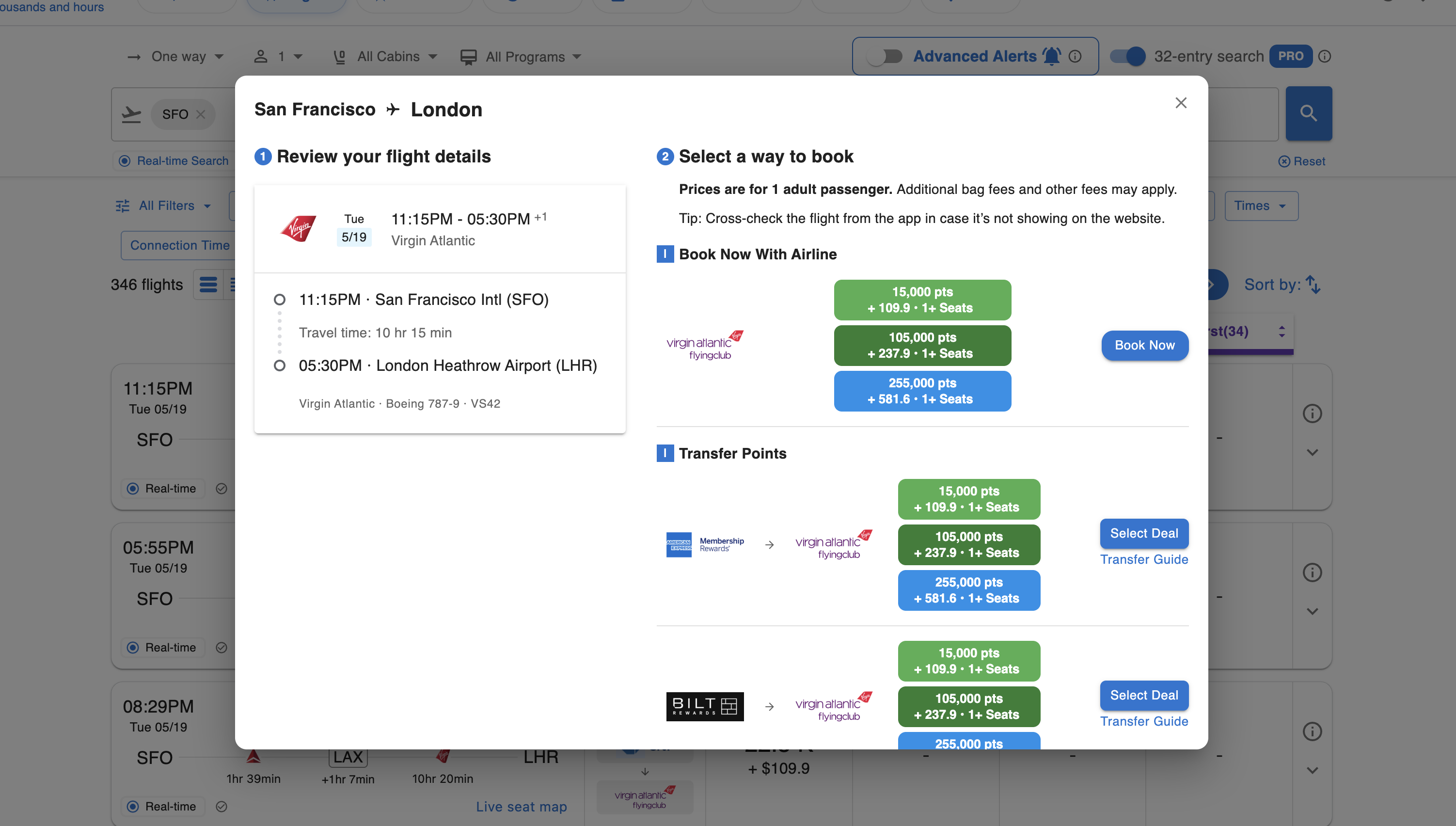 Award flight details with transfer guidance and direct booking links