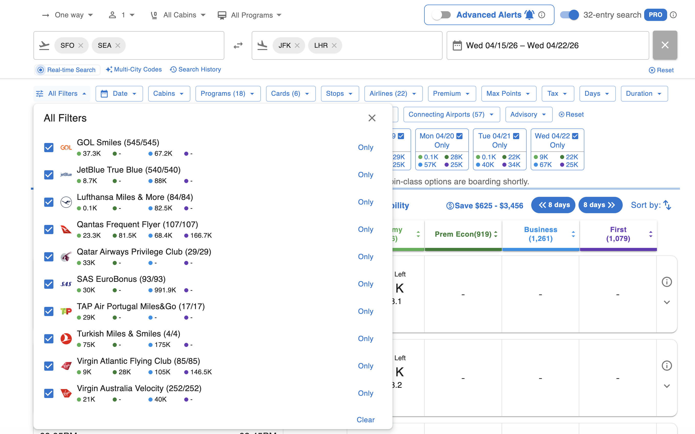 Top filter bar for adjusting dates, cabins, required cards and maximum stops in search results