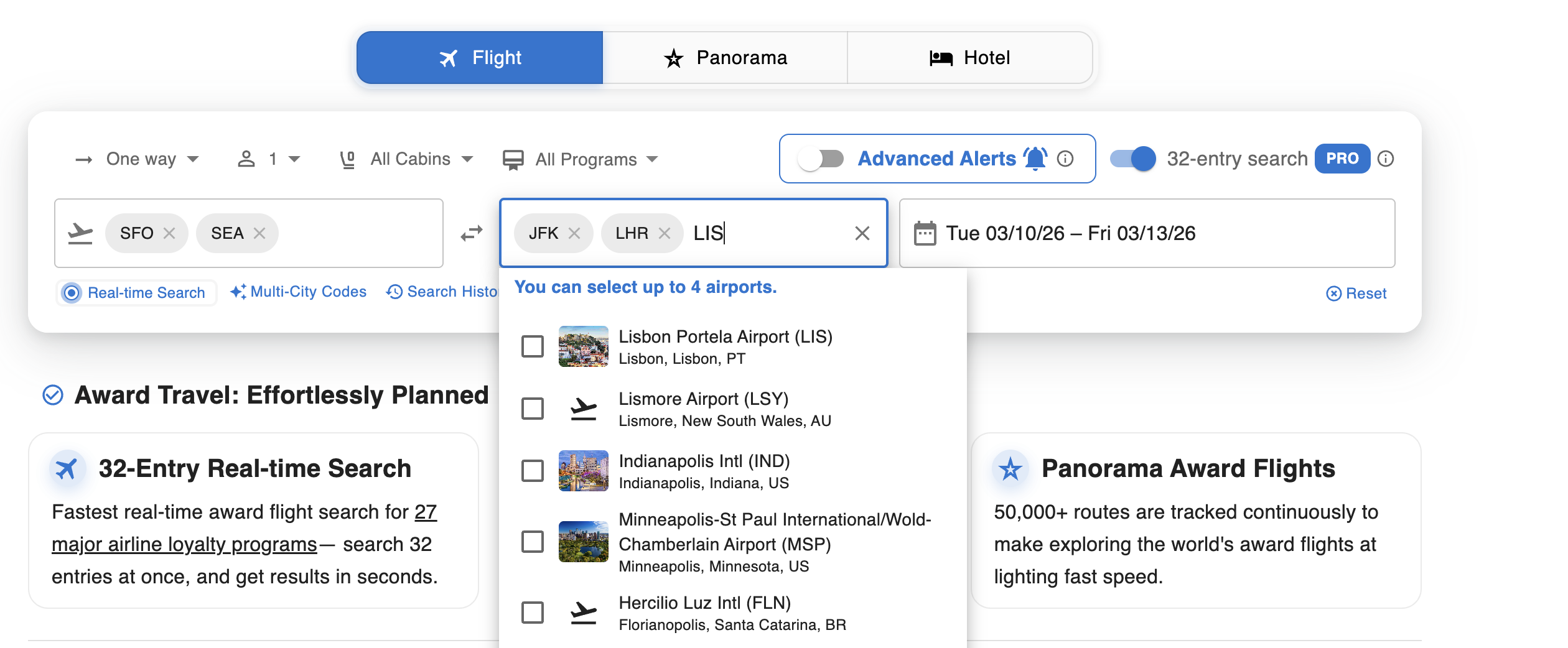 Real-time search dashboard for entering your route and travel dates