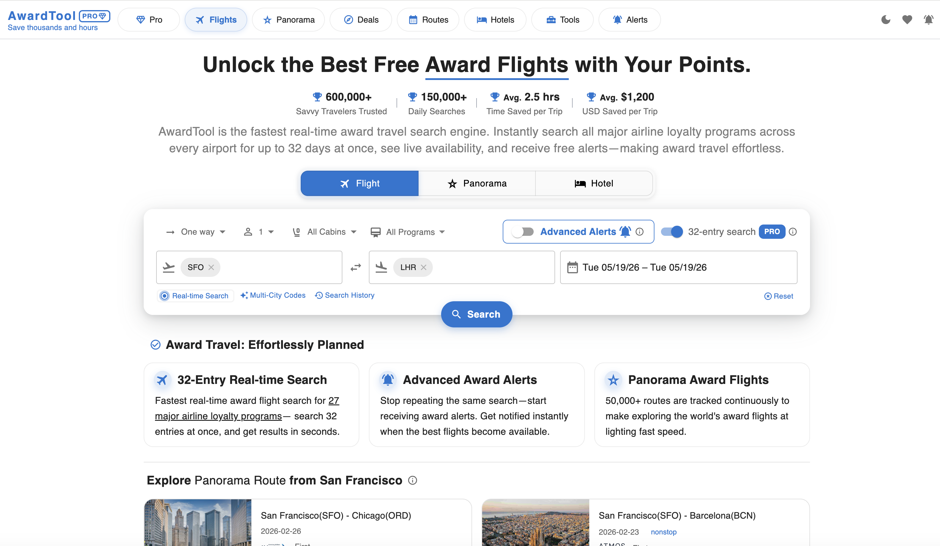 AwardTool real-time award flight search