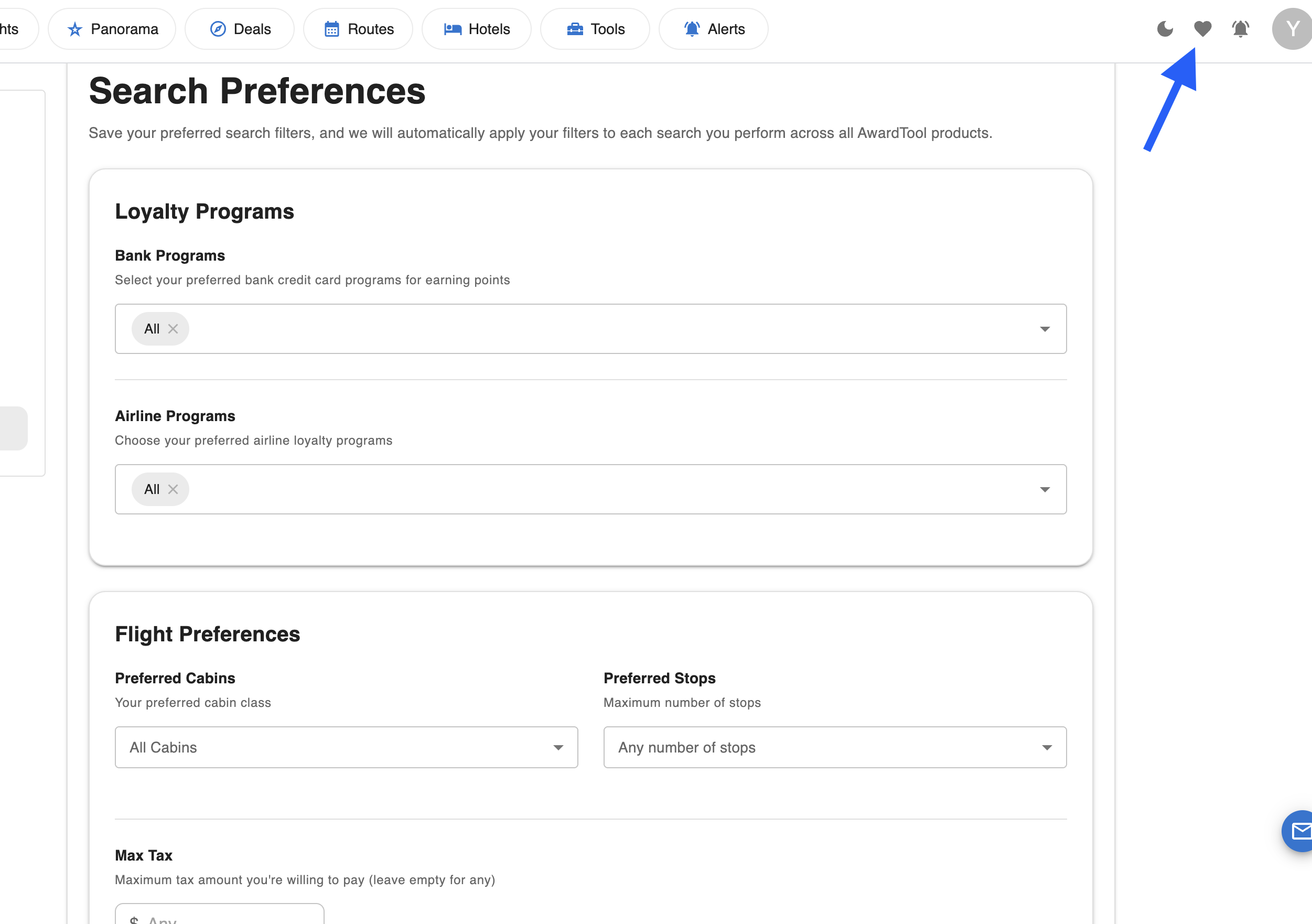Search Preferences for loyalty programs, cabins, maximum stops and maximum tax