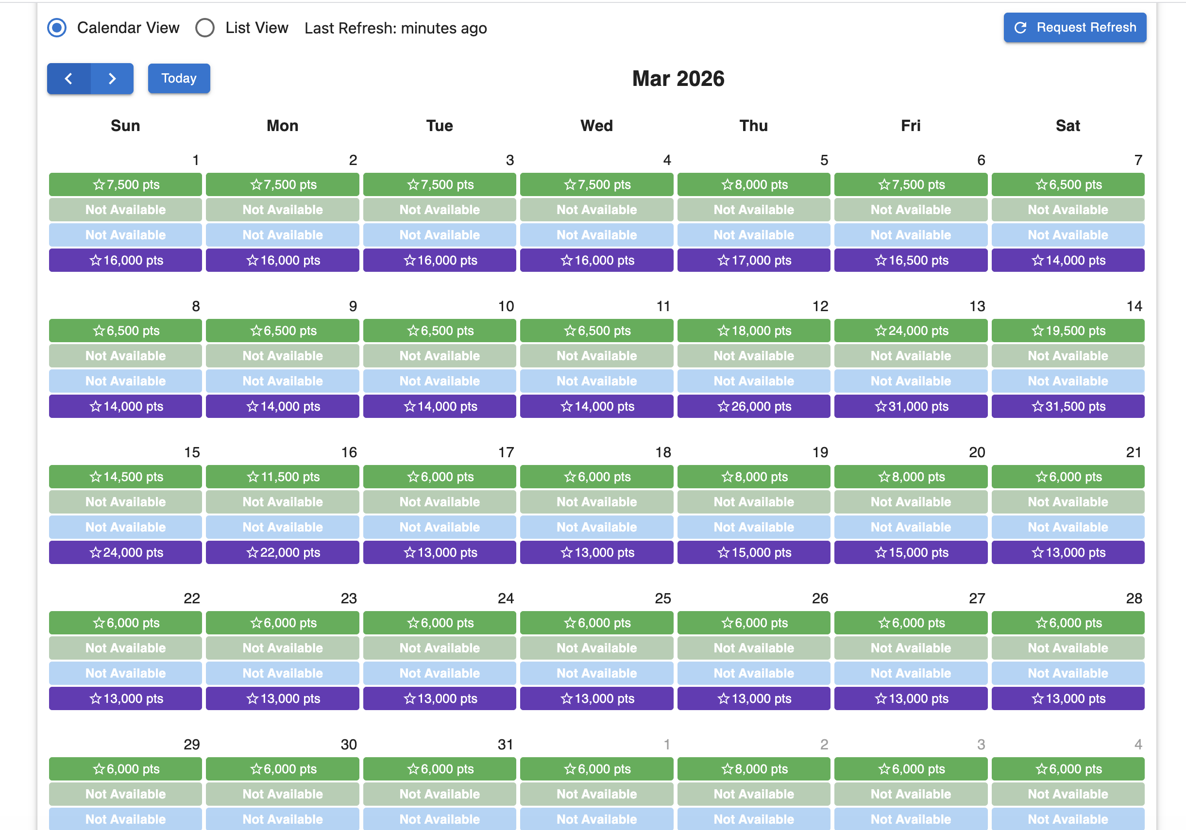 Viewing year-long route availability in Calendar View or List View