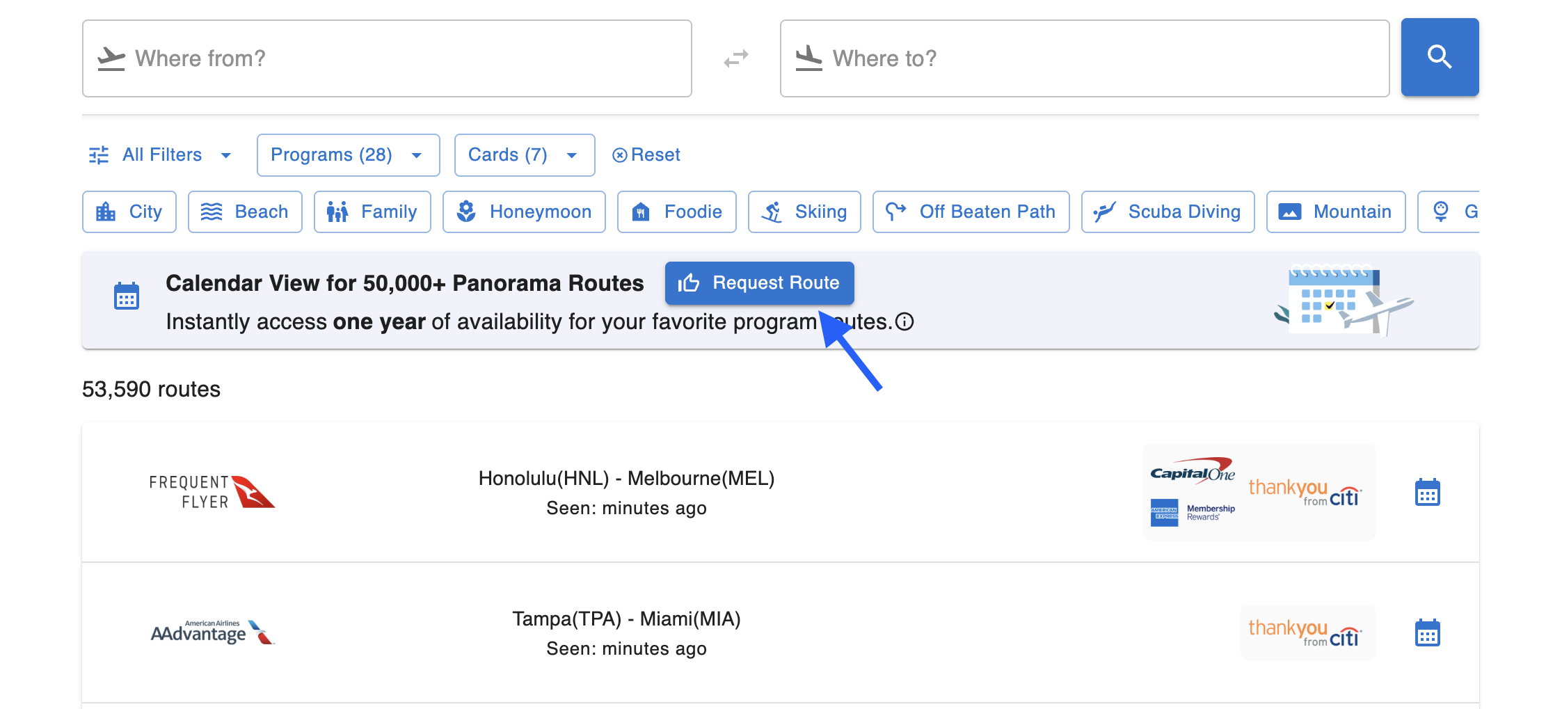 Request Route button for asking AwardTool to start tracking a route you want