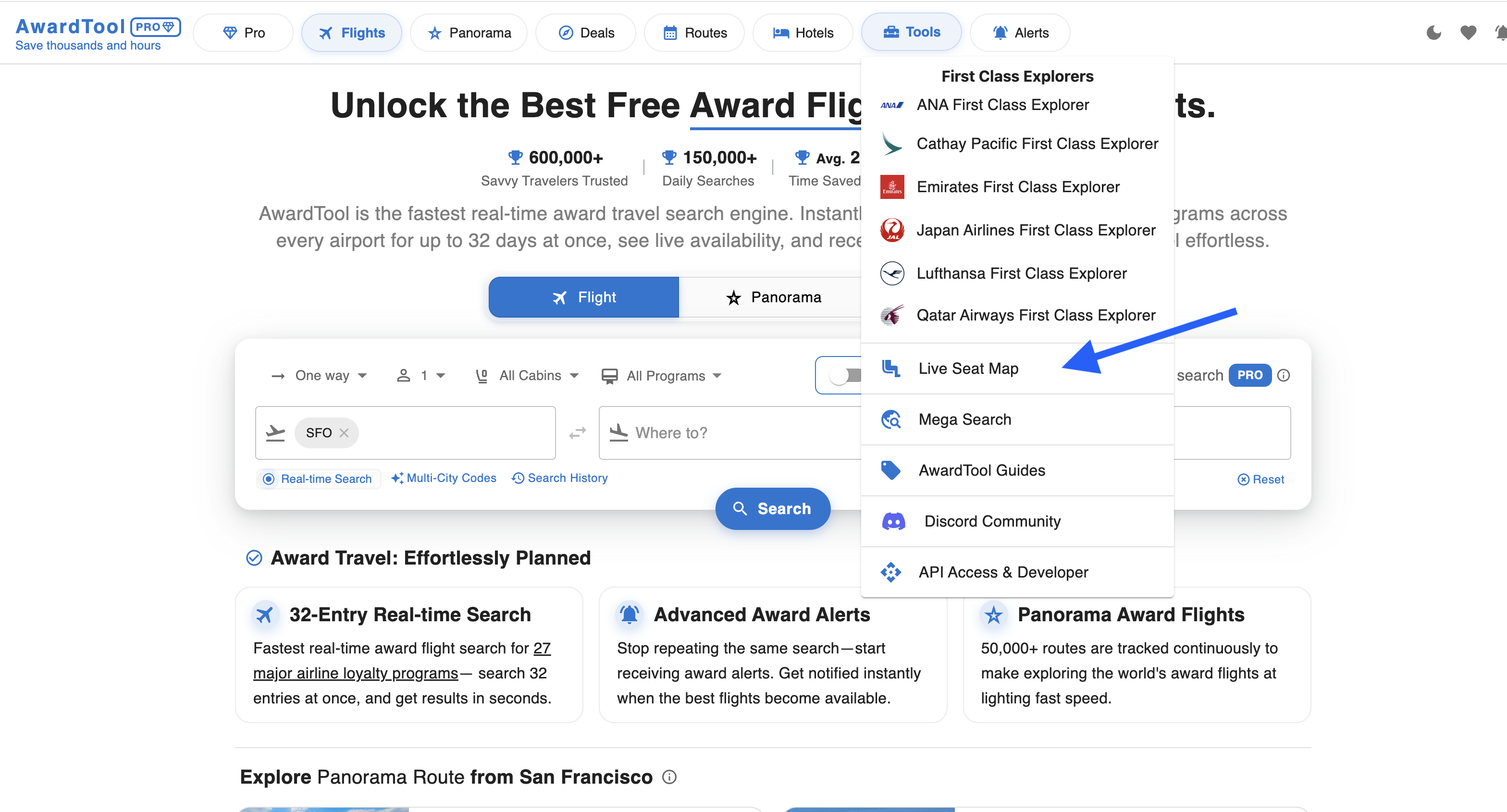 Tools dropdown menu in the main navigation with the Live Seat Map option