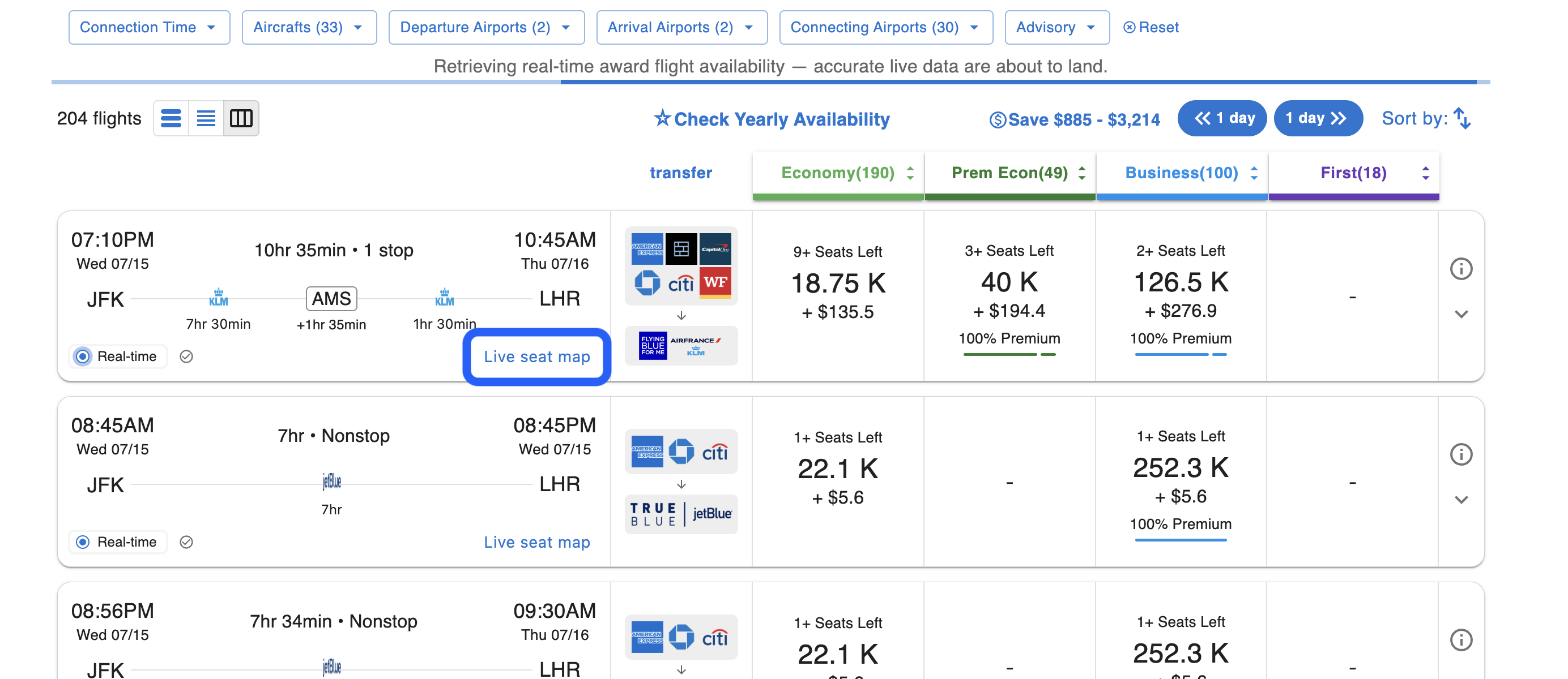 Where to find the Live seat map link in flight search results, example 1 of 3