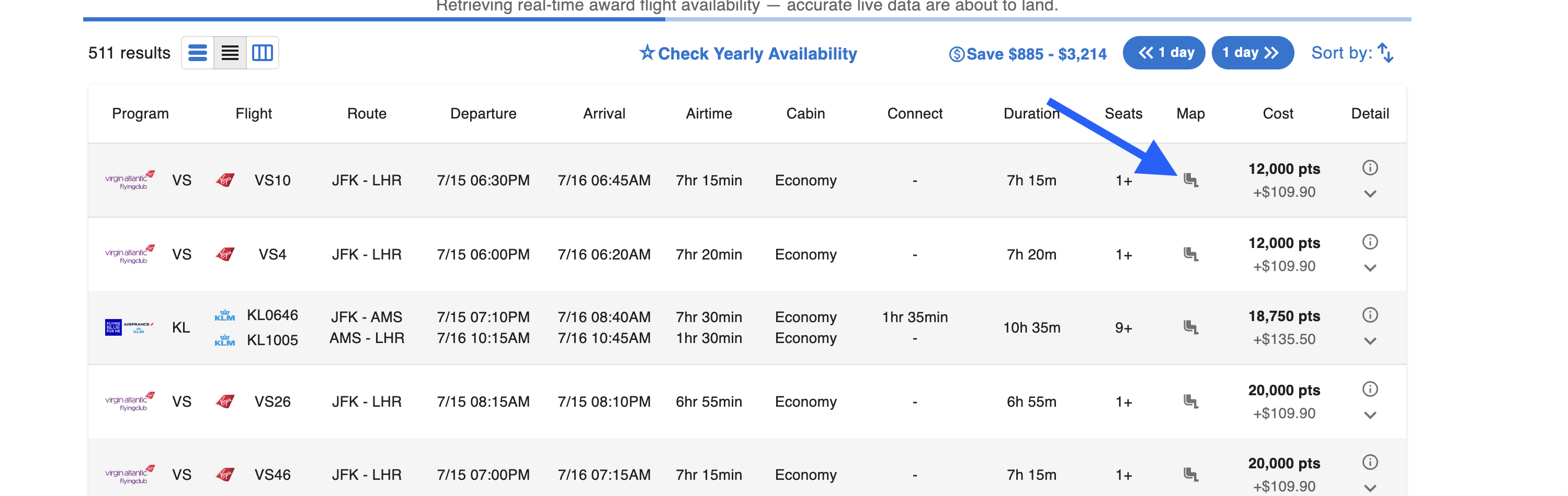 Where to find the Live seat map link in flight search results, example 2 of 3