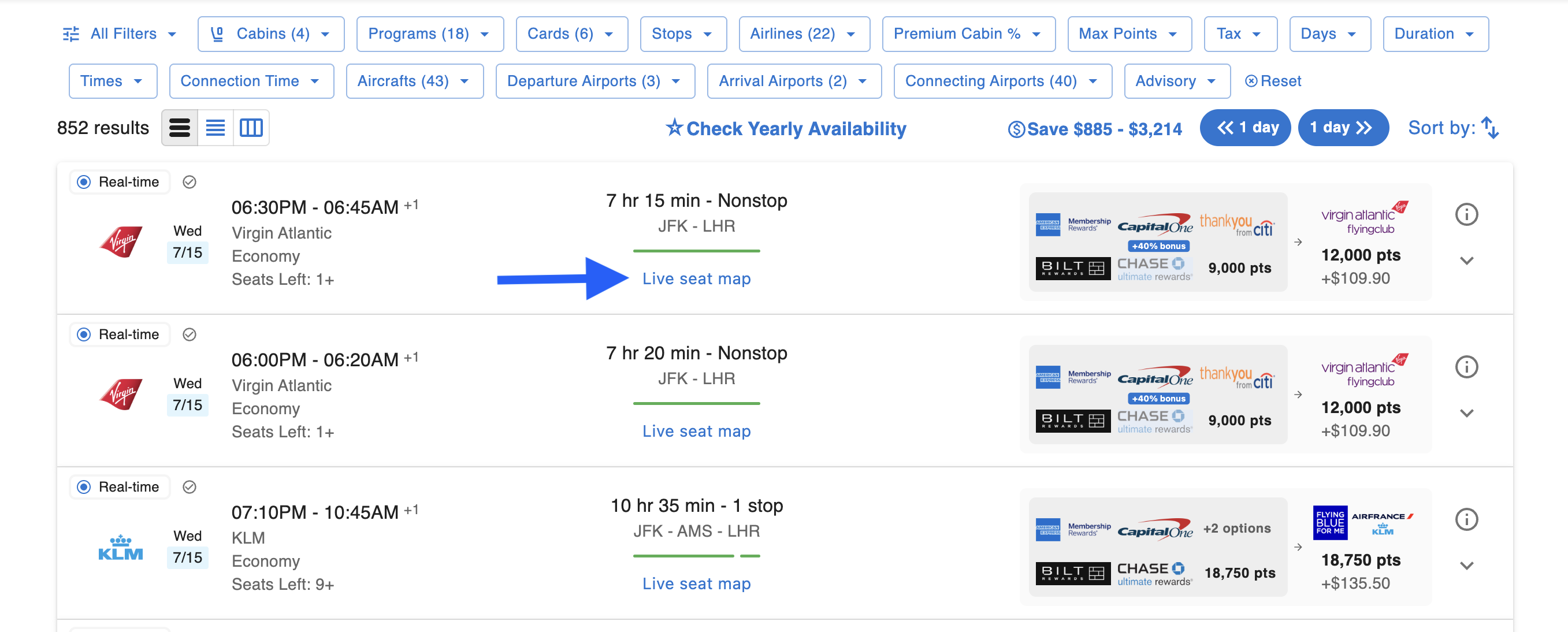Where to find the Live seat map link in flight search results, example 3 of 3