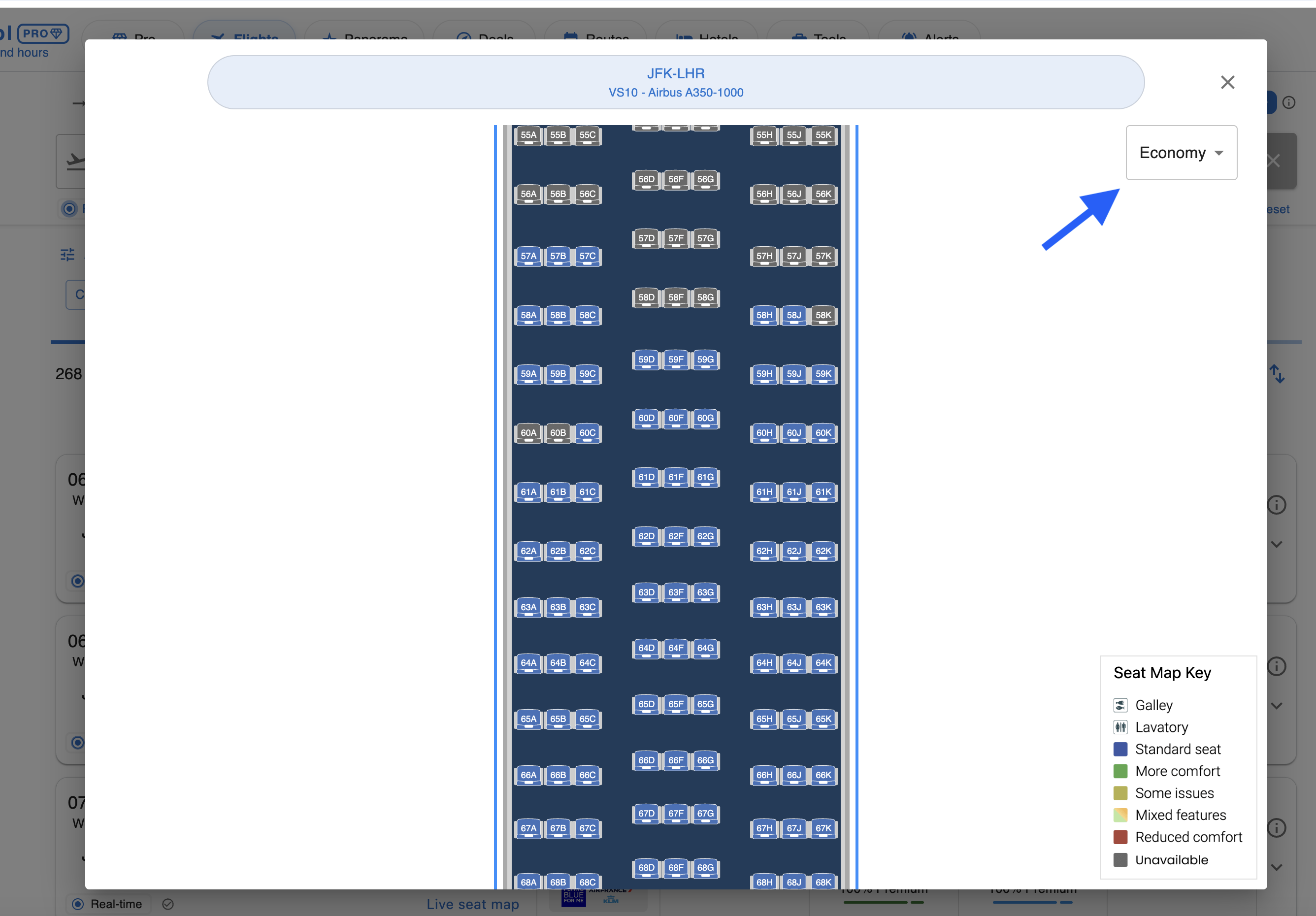 Live seat map pop-up for a specific flight