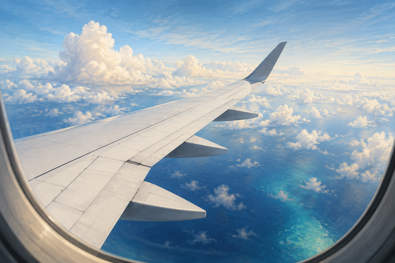 Illustration of an unbranded airplane wing over clouds and the ocean