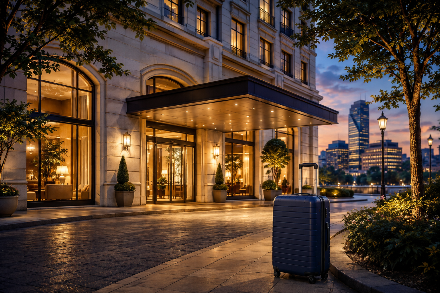 Illustration of a city hotel entrance with a blue suitcase