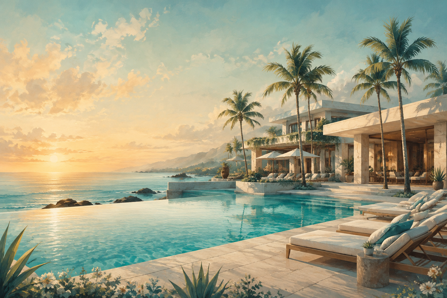 Illustration of an imagined coastal resort and pool