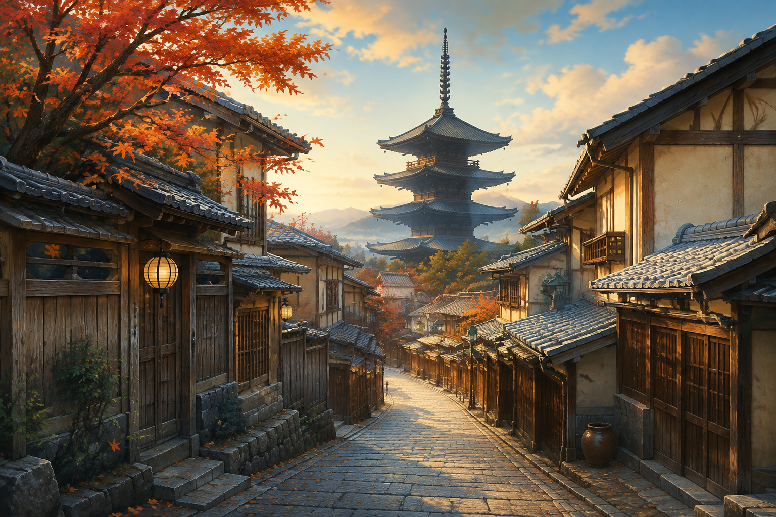 Illustration of a Kyoto lane and pagoda in autumn