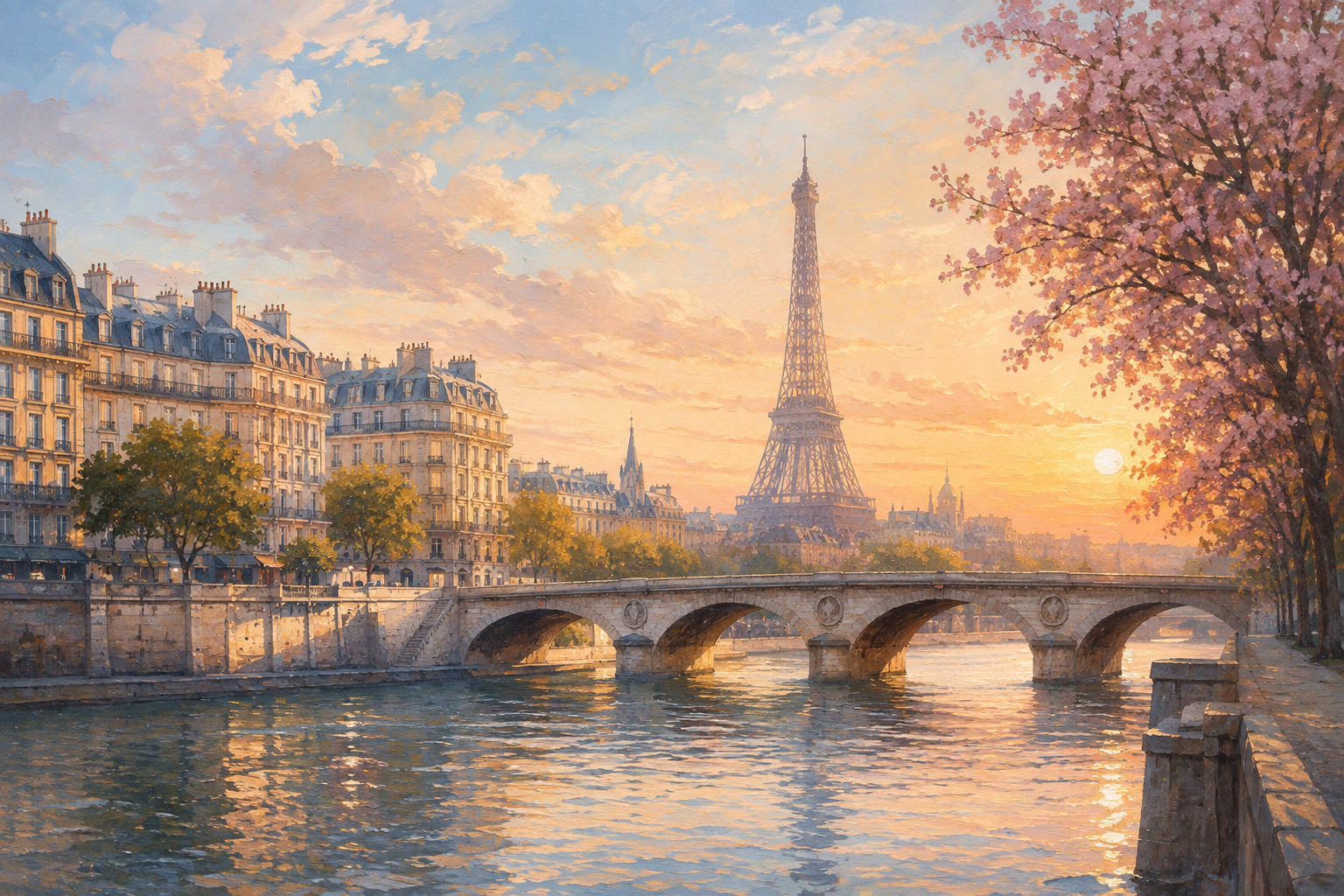 Illustration of Paris and the Seine at sunrise