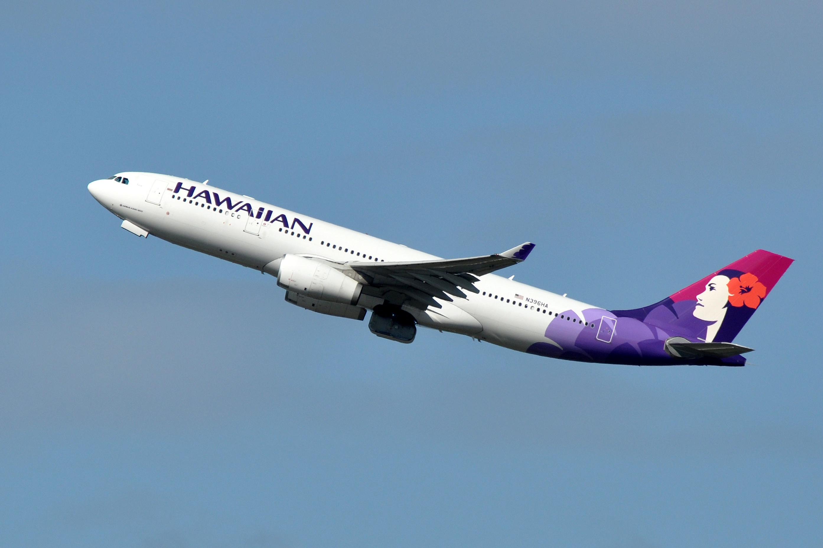 A Hawaiian Airlines Airbus A330 parked at Seattle-Tacoma International Airport