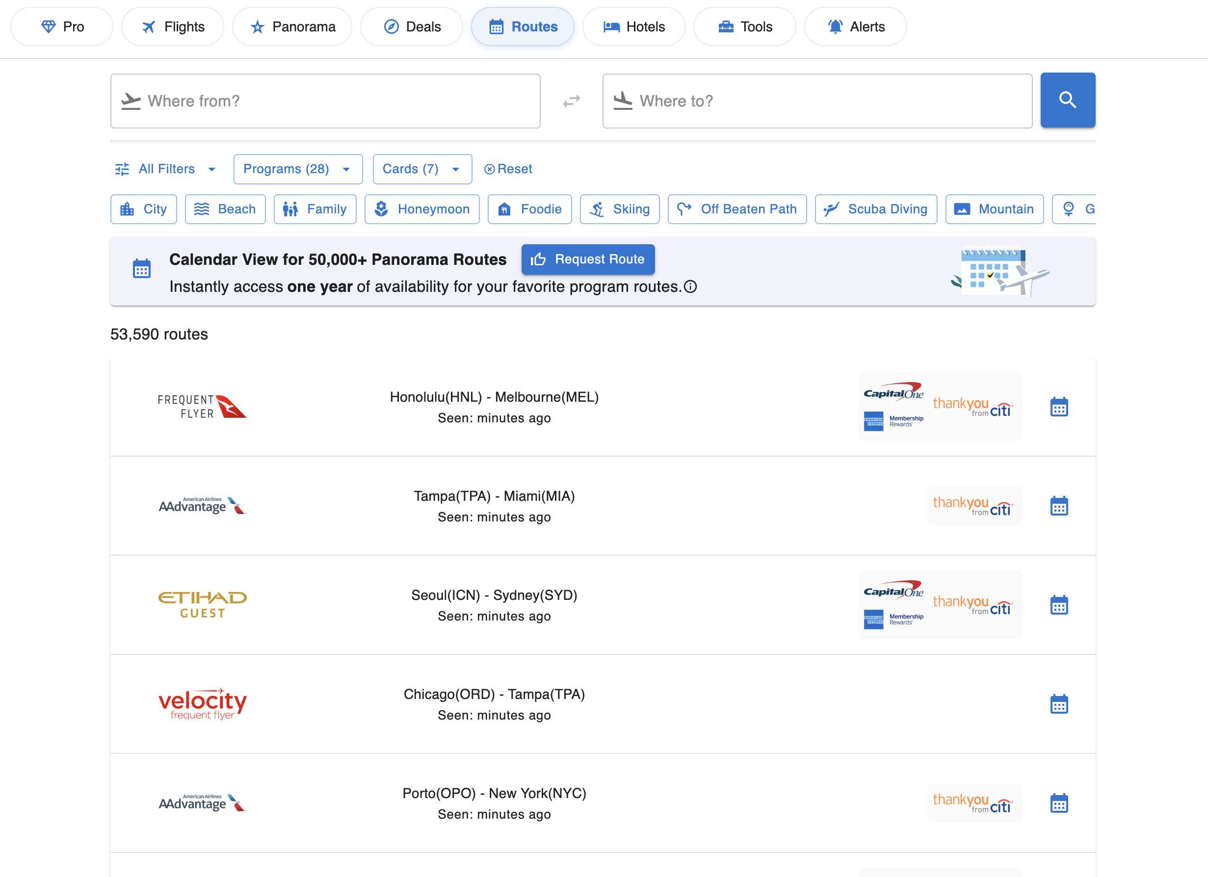 Routes search dashboard with origin and destination search bars and filters for programs, cards and destination type